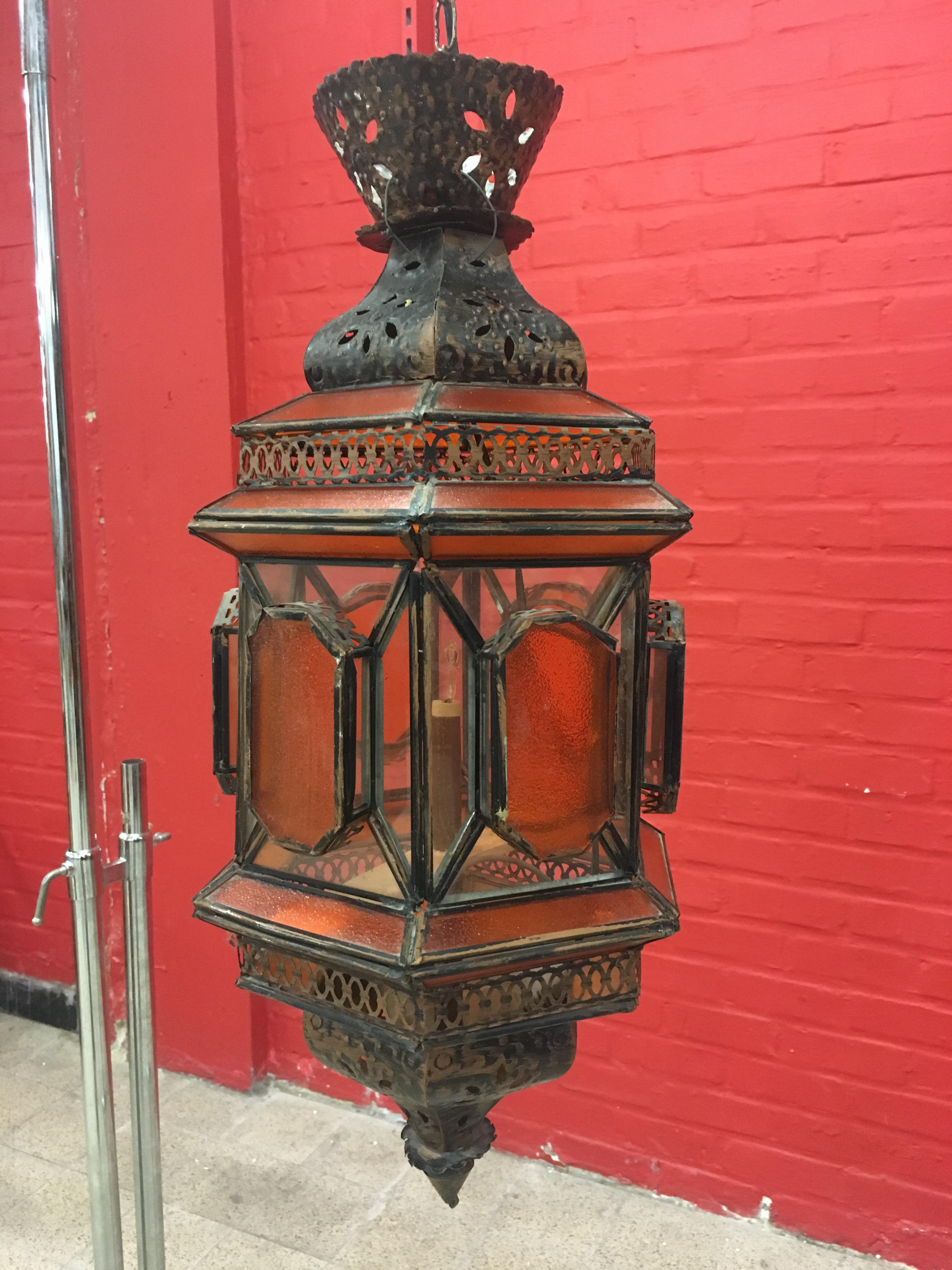Late 20th Century Oriental Lantern in Copper and White and Orange Glass, circa 1970 For Sale