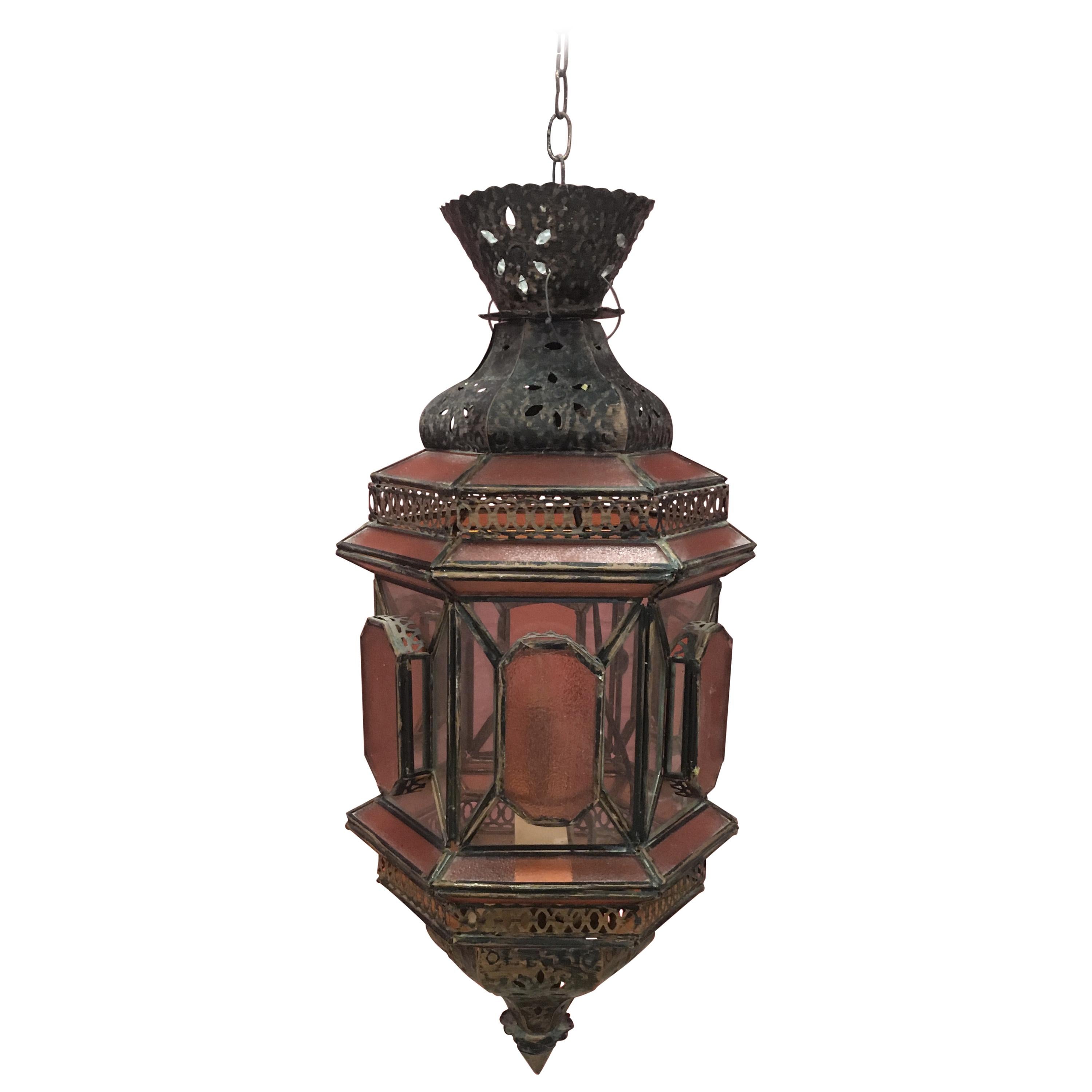 Oriental Lantern in Copper and White and Orange Glass, circa 1970 For Sale