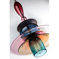 Oriental Large Sculptural Colored Glass and Walnut Wood Pendant or Chandelier