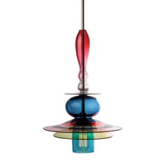 Oriental Large Sculptural Colored Glass and Walnut Wood Pendant or Chandelier