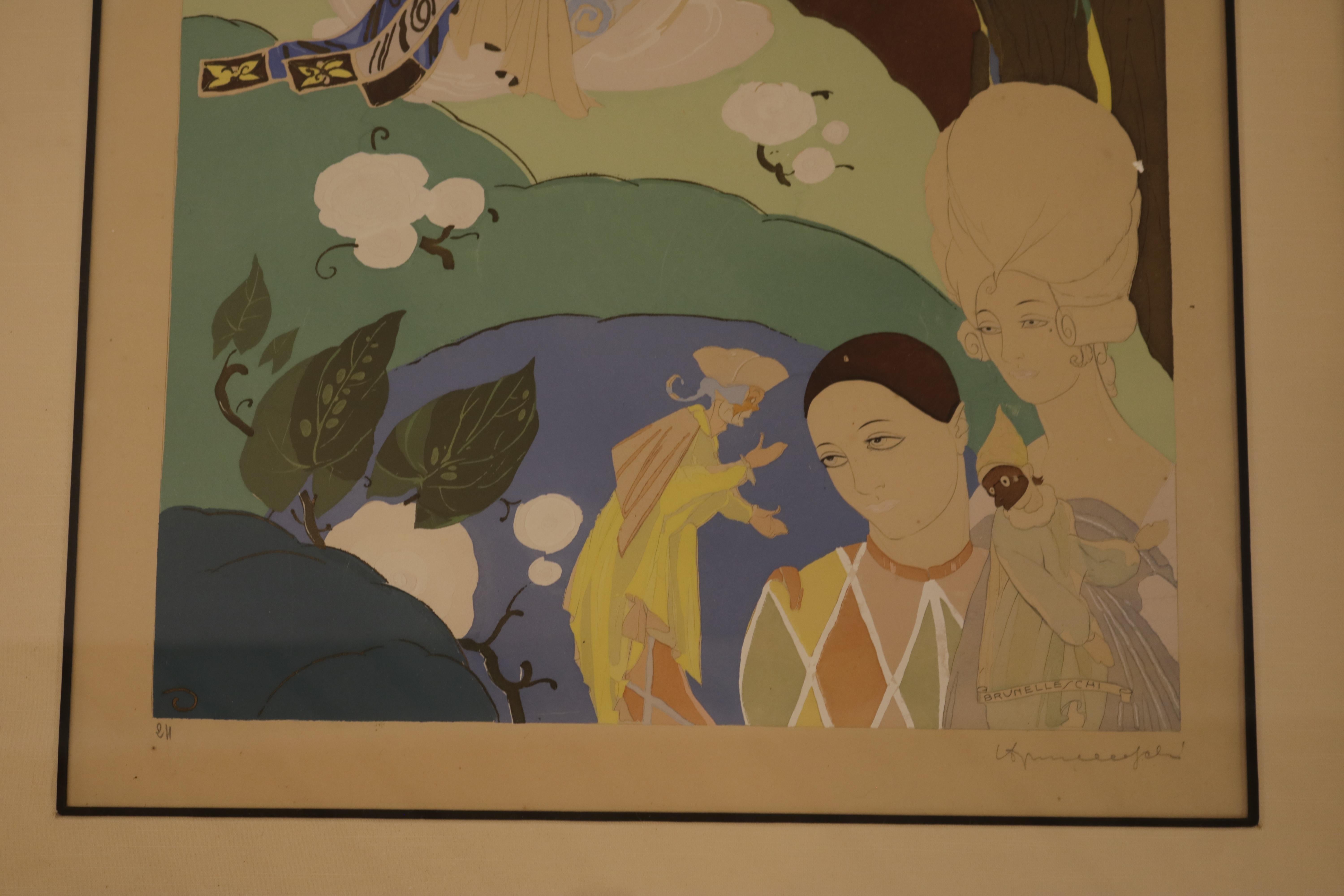 Der Hintergrund dieser aufwendigen Lithografie und Aquarellmalerei aus Frankreich zeigt eine Geisha, die ein Musikinstrument spielt, während im Vordergrund ein Harlekin und zwei Frauen in eher westlicher Kleidung und mit Make-up zu sehen sind. Der