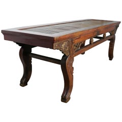 Antique Oriental Long Low Table, Red Lacquered and Bamboo Coffee Table