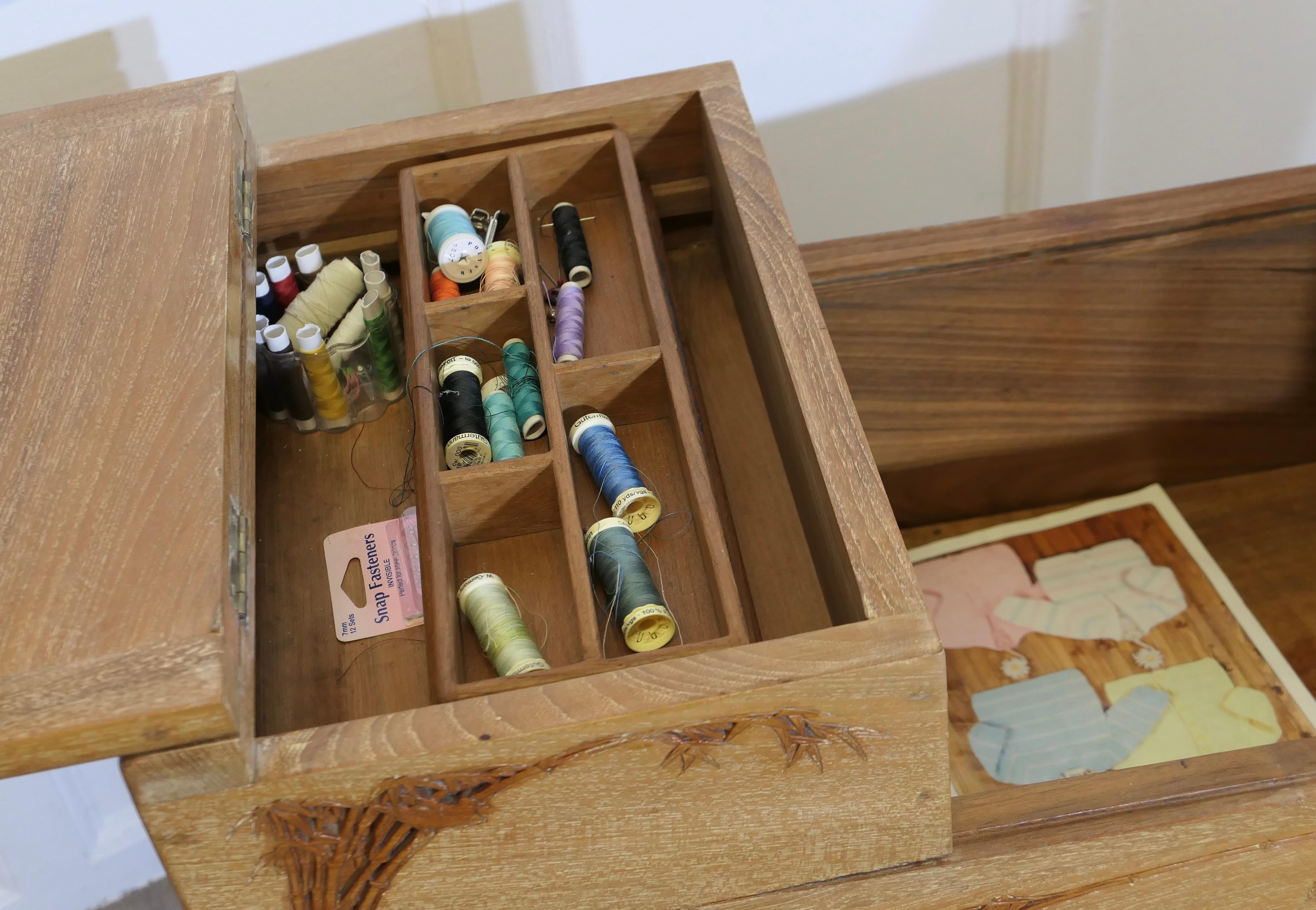 Oriental Metamorphic Concertina Sewing or Work Box   Made in Golden Oak and very 5