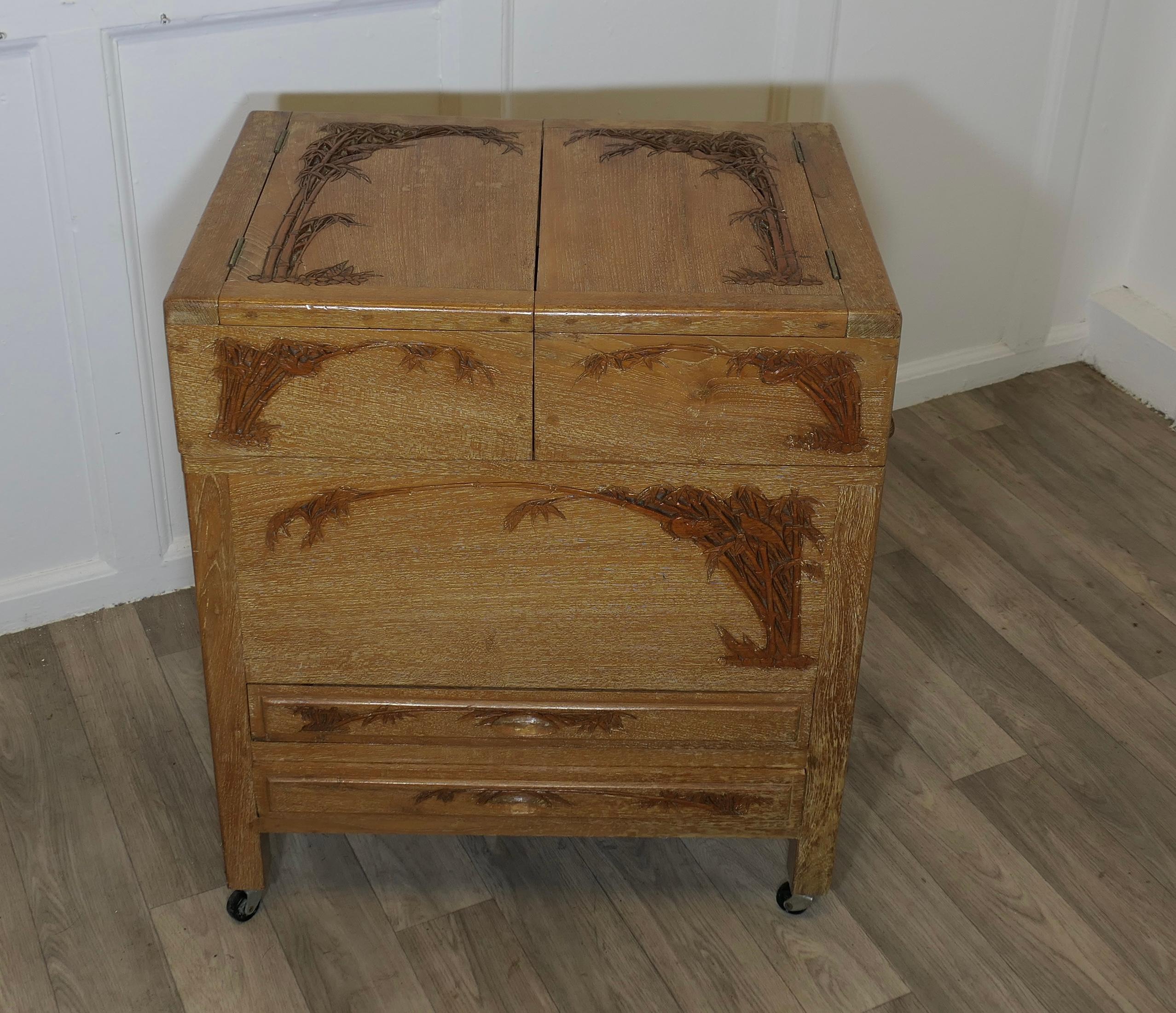 Chinoiserie Oriental Metamorphic Concertina Sewing or Work Box   Made in Golden Oak and very