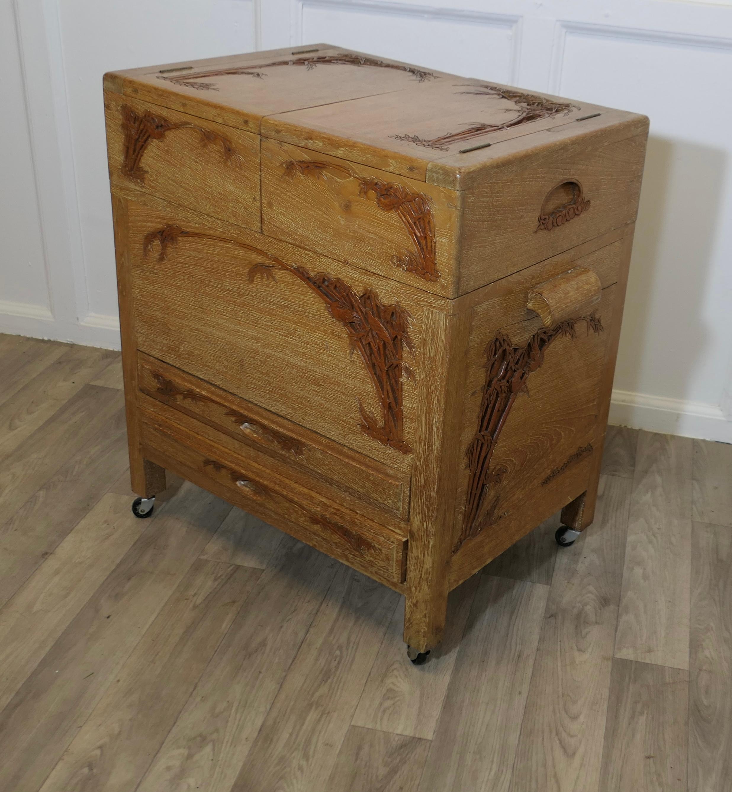 Oriental Metamorphic Concertina Sewing or Work Box   Made in Golden Oak and very In Good Condition In Godshill, Isle of Wight