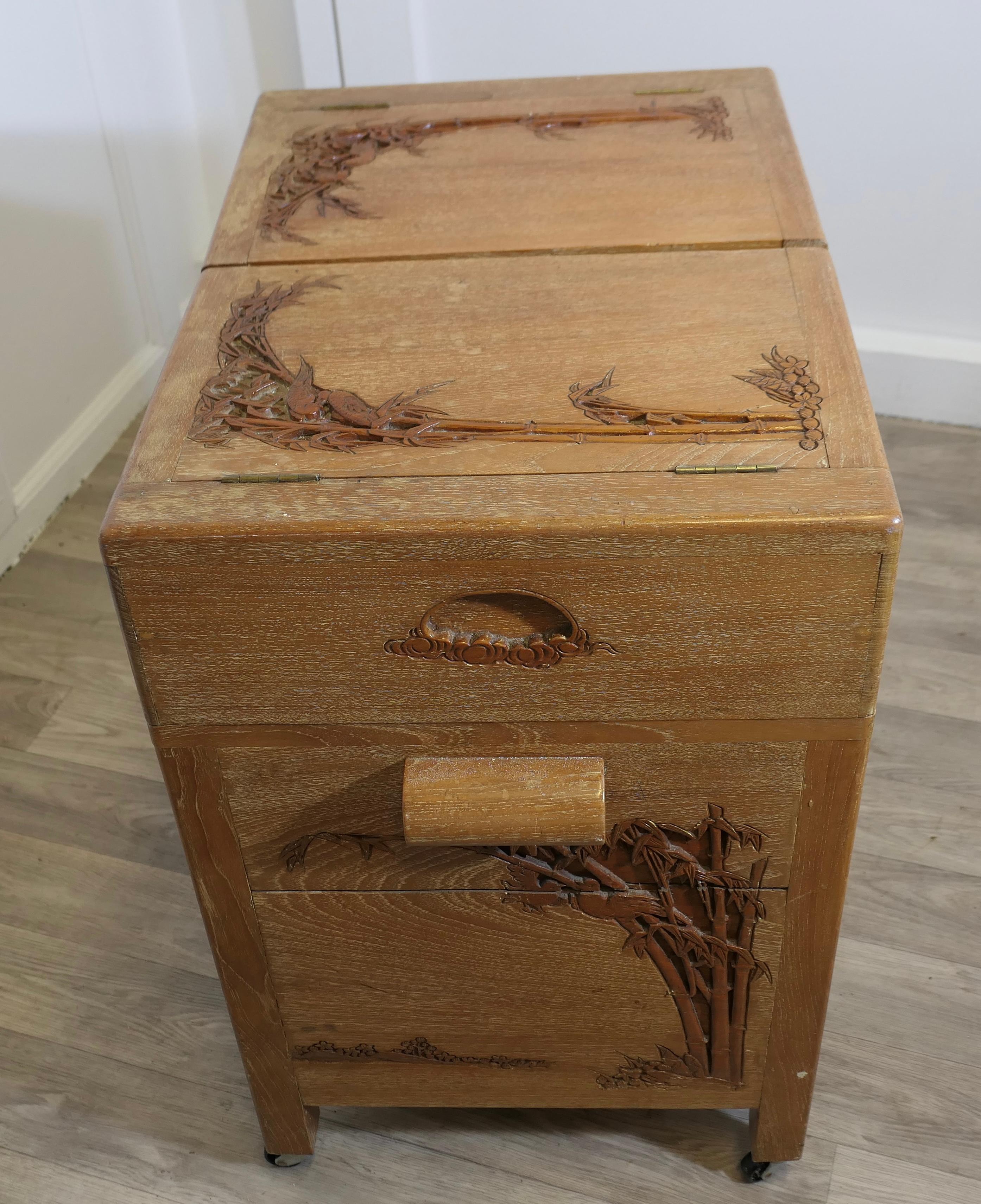 Oriental Metamorphic Concertina Sewing or Work Box   Made in Golden Oak and very 3