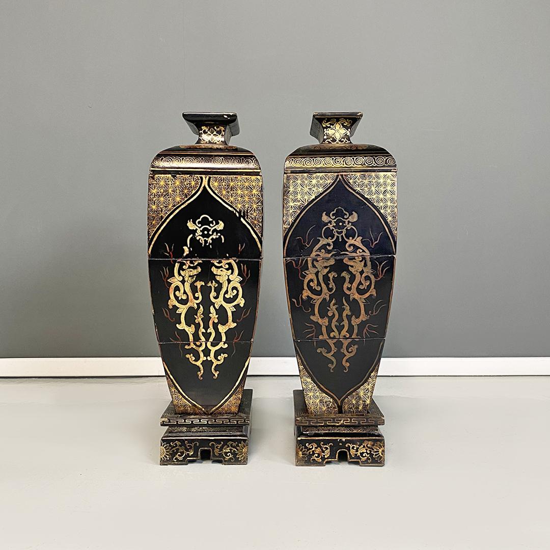 Mid-Century Modern Oriental mid-century modern black wood vases or sculptures with decorations 1950 For Sale