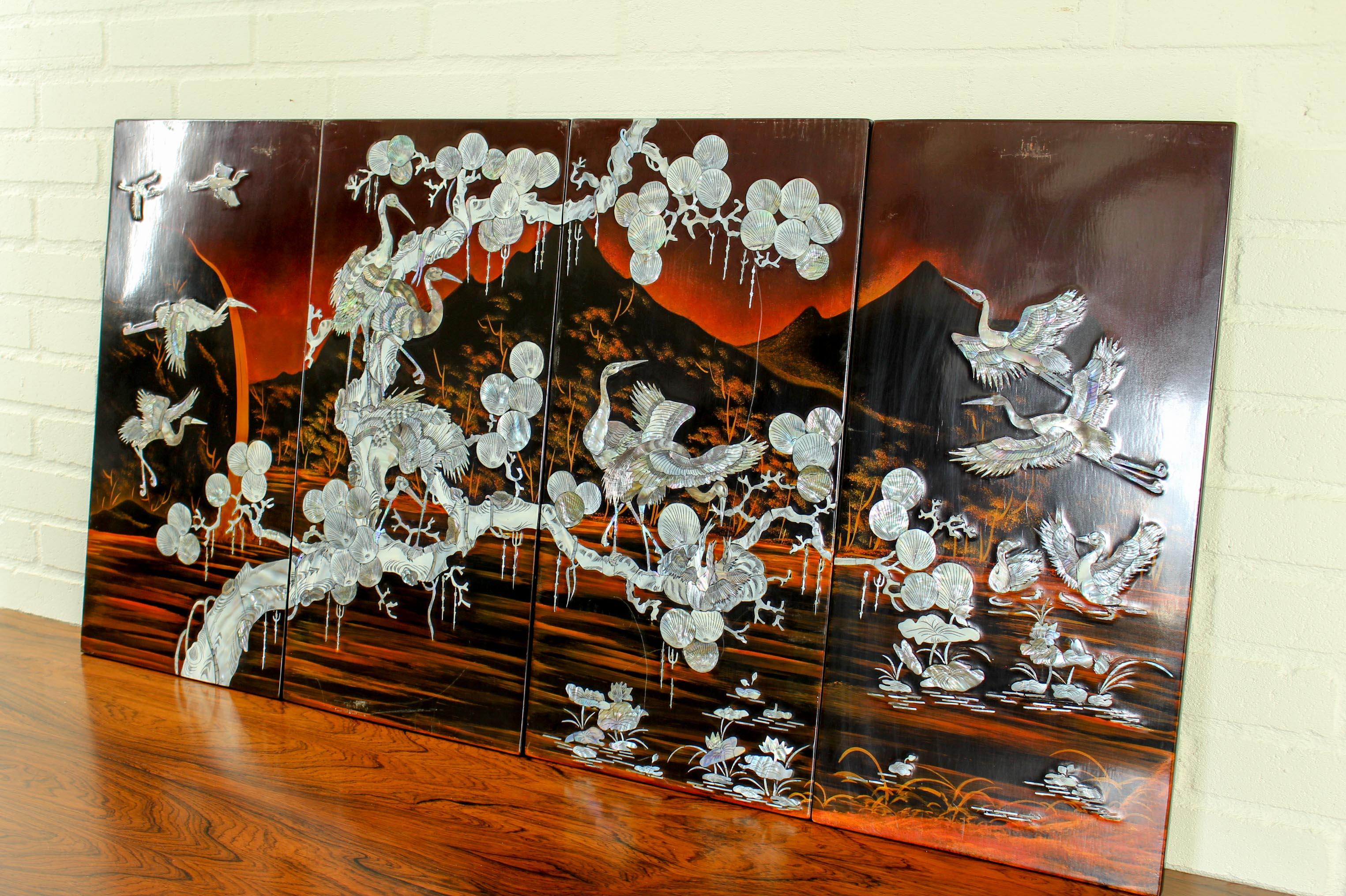 Are you looking for some magnificent, vintage Oriental / Japanese wall art to display in your home or business ? Look no further than this spectacular, retro set of 4 wall panels of MOP (mother of pearl) shell birds on lacquered wood wall panels.