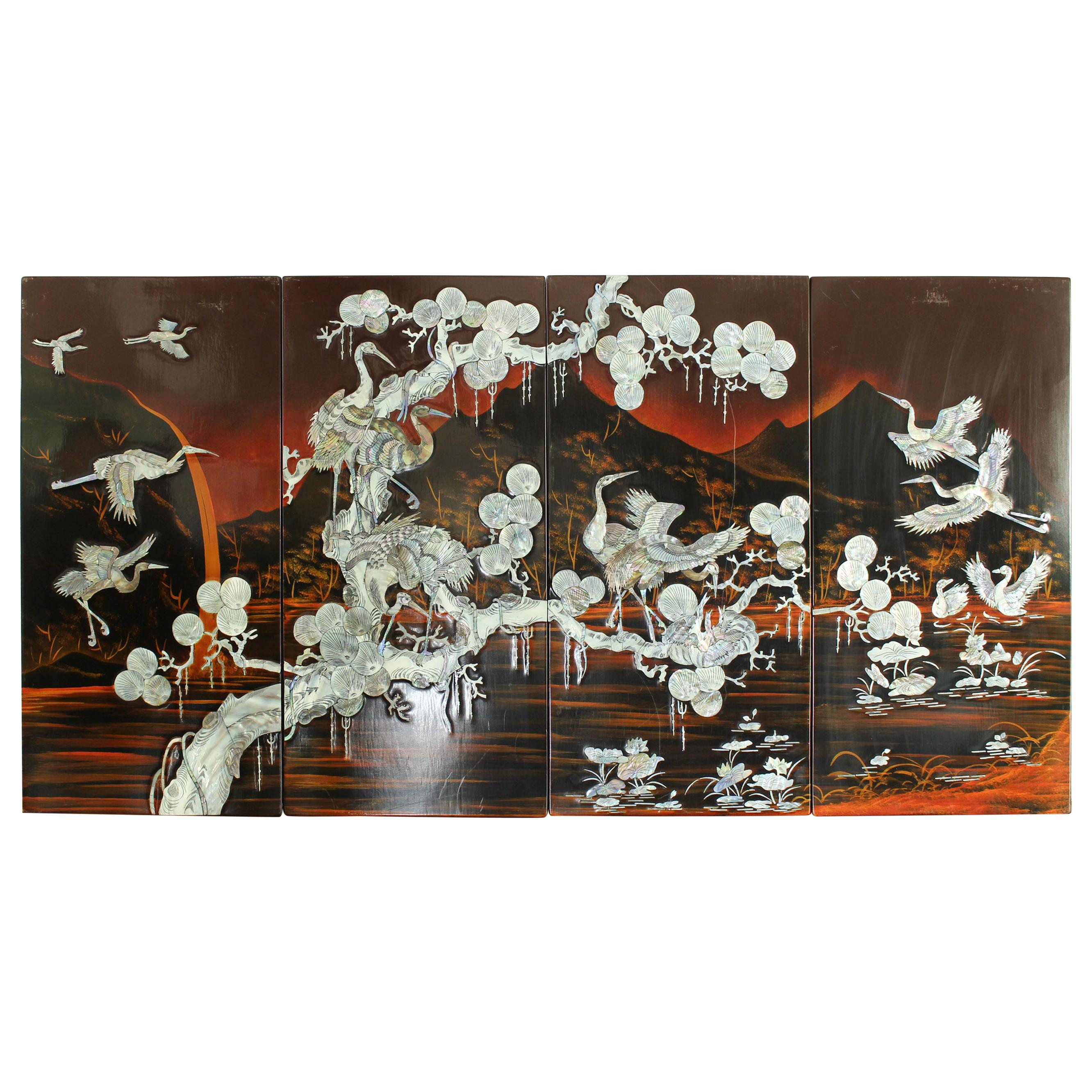 Oriental Midcentury Wall Art Panels Made of Mother of Pearl