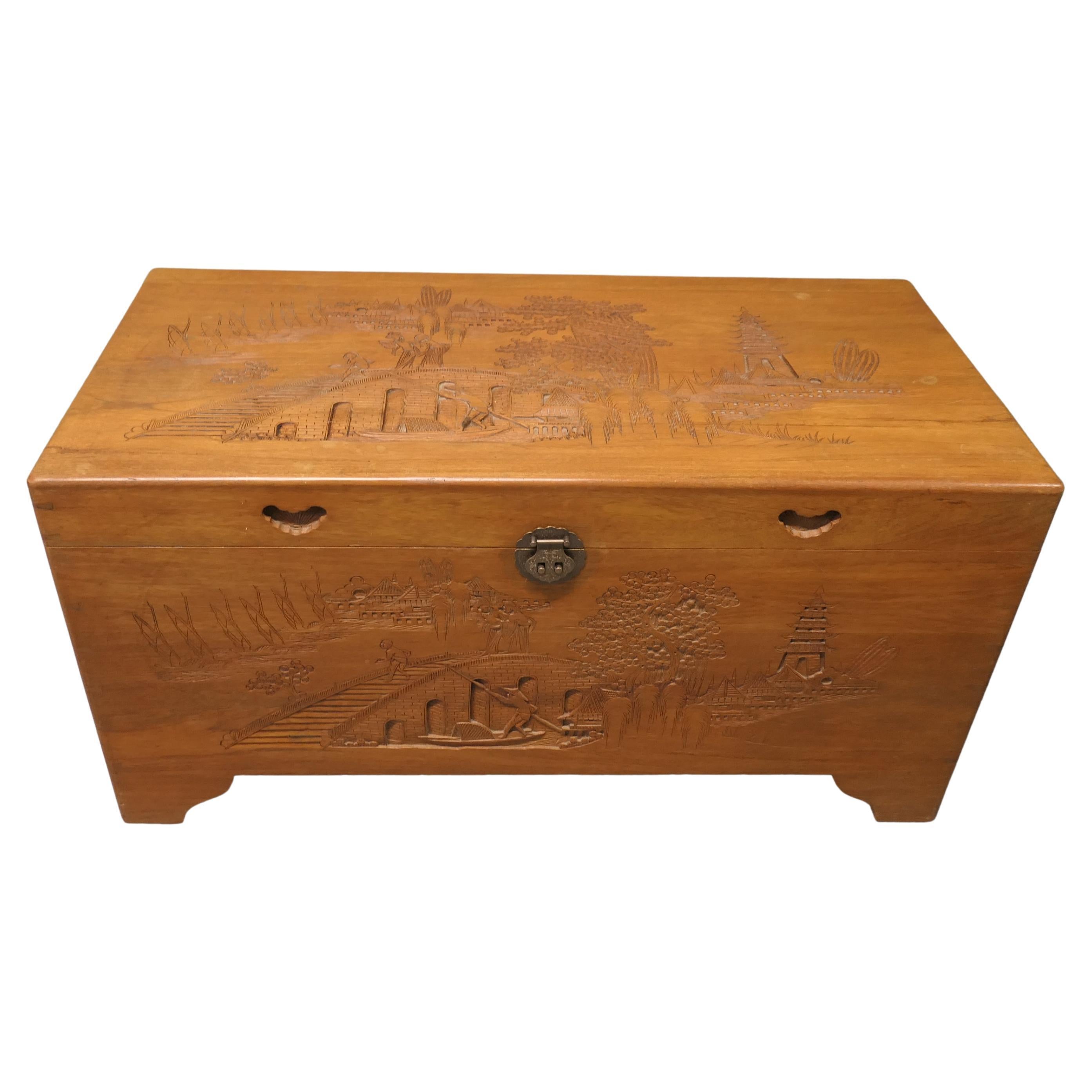 Oriental Minimalist Carved Camphor Wood Chest A Beautiful Carved Chest