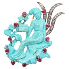 Oriental Motif Yellow Gold Brooch with Carved Turquoise Rubies and Diamonds