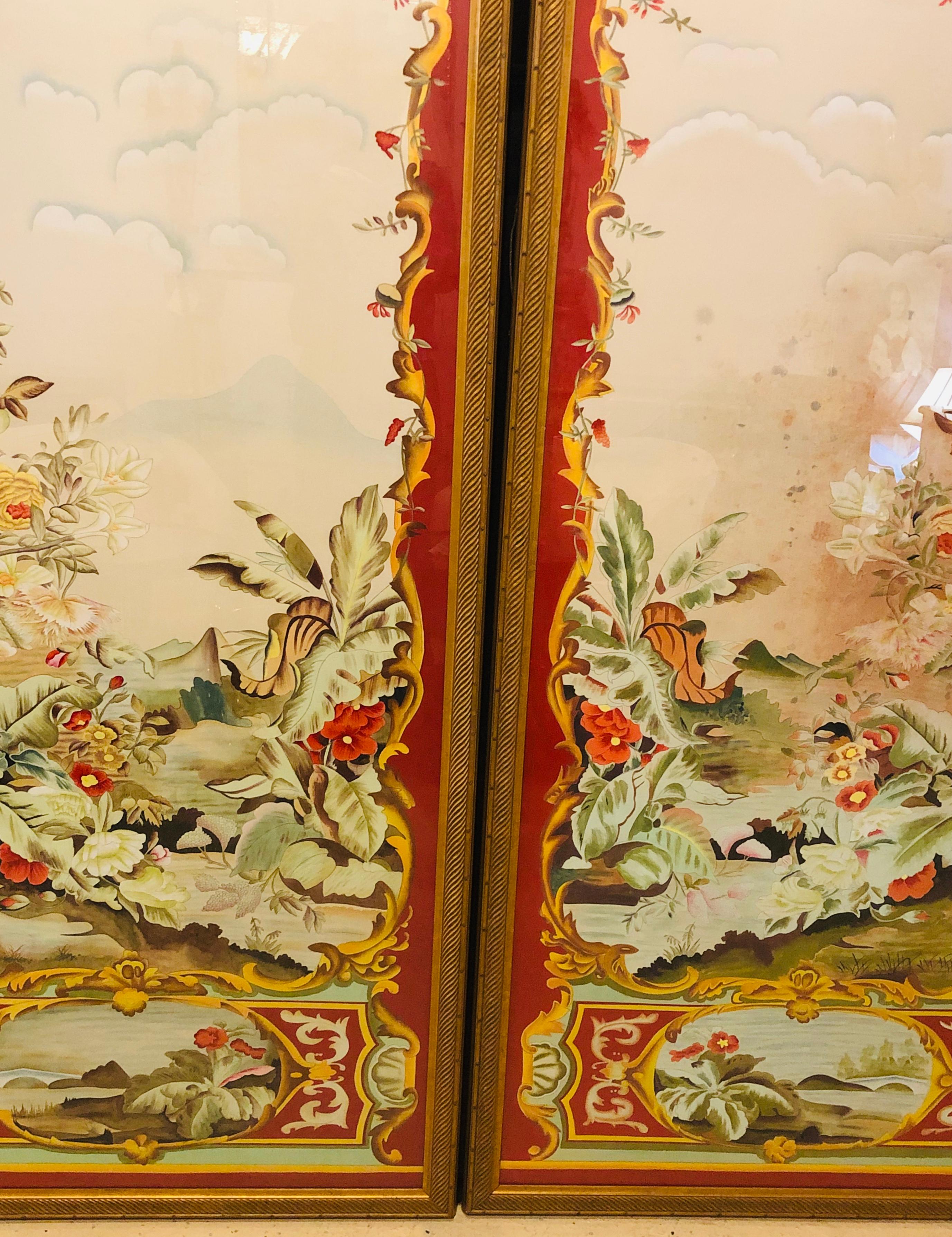 Chinoiserie Oriental Painted Silk Panels on Fine Gilt Frames under Plexiglass, a Pair