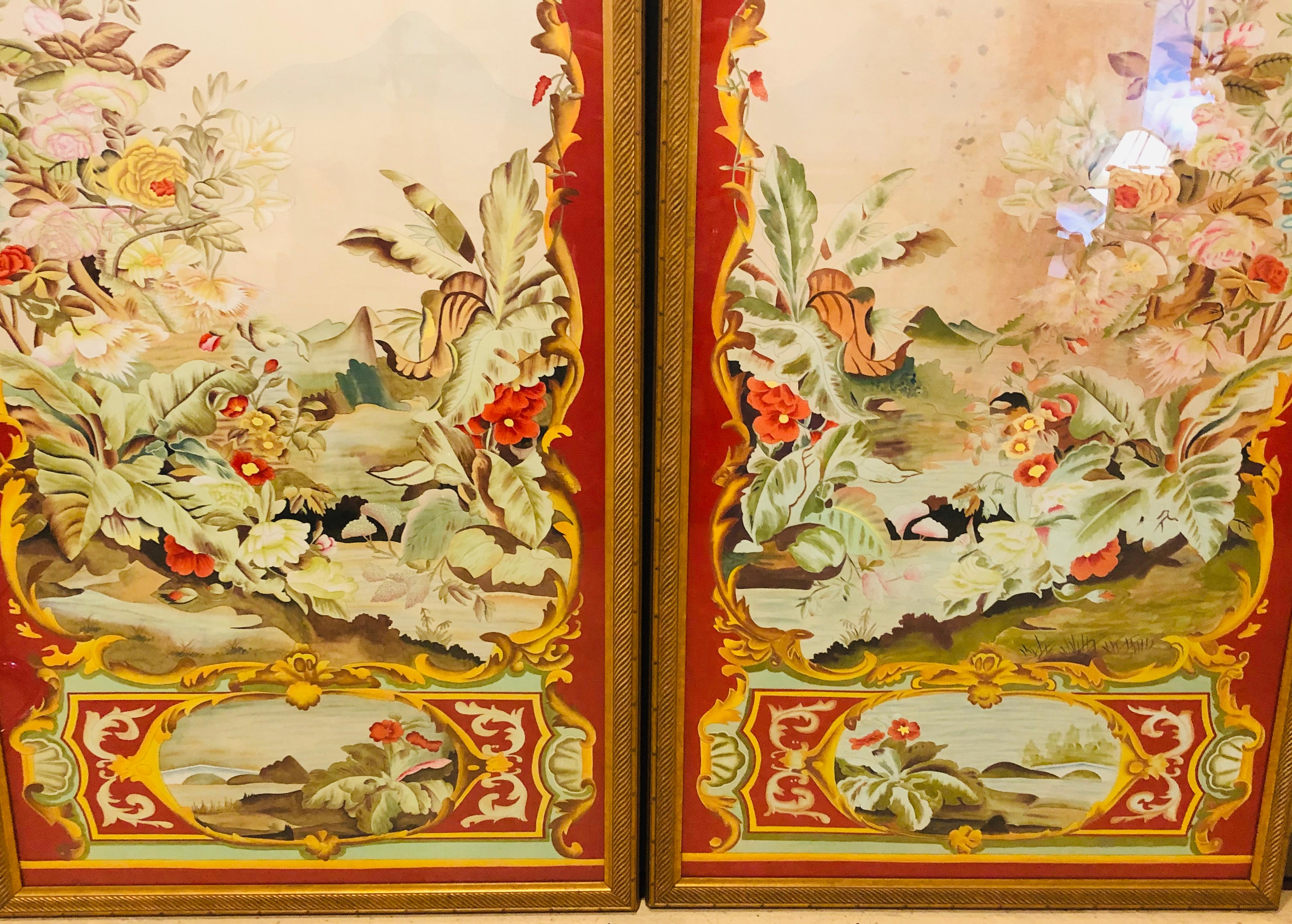 Oriental Painted Silk Panels on Fine Gilt Frames under Plexiglass, a Pair In Good Condition In Stamford, CT