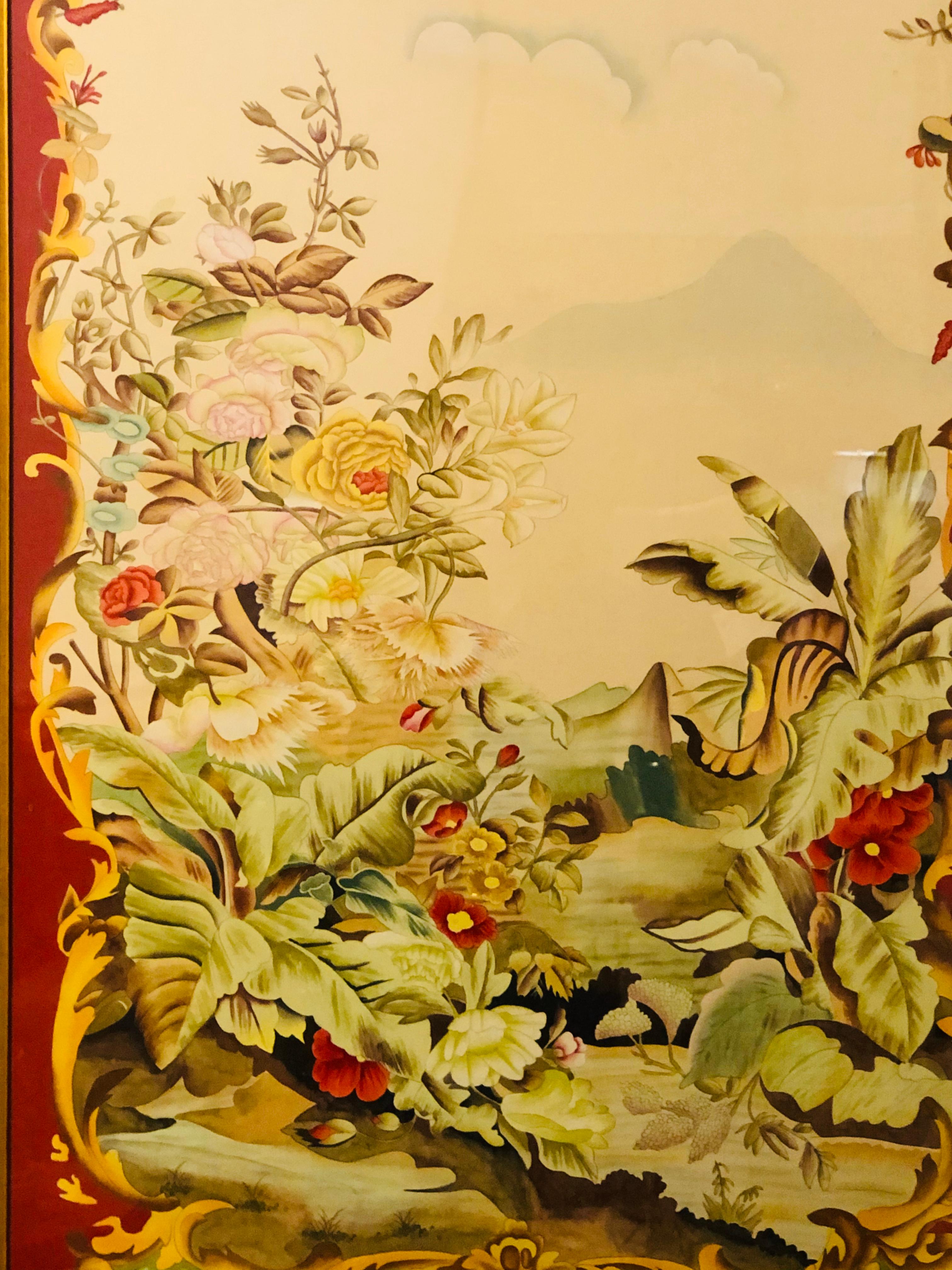 Wood Oriental Painted Silk Panels on Fine Gilt Frames under Plexiglass, a Pair