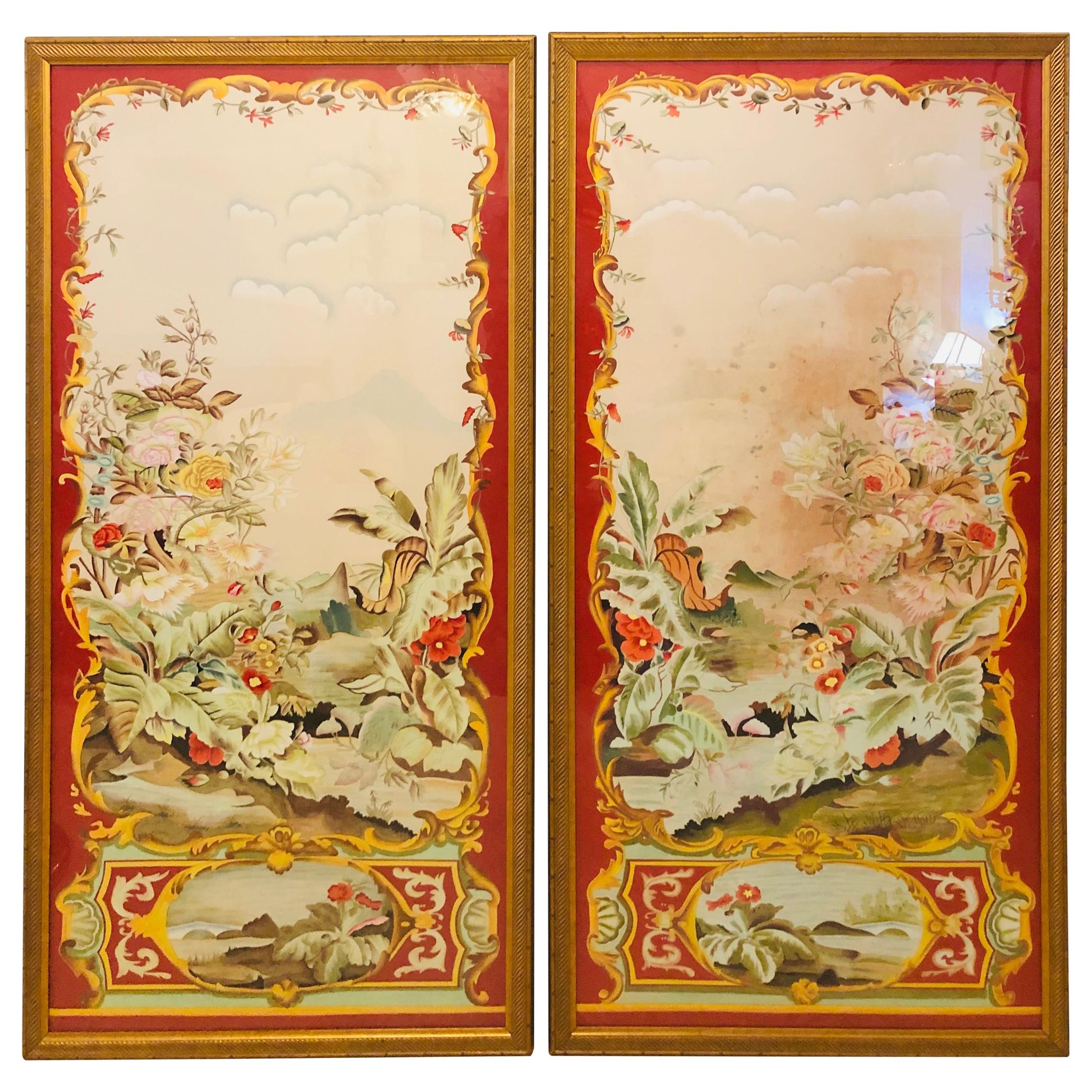 Oriental Painted Silk Panels on Fine Gilt Frames under Plexiglass, a Pair