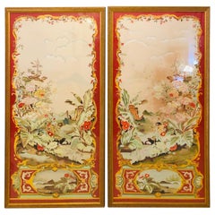 Oriental Painted Silk Panels on Fine Gilt Frames under Plexiglass, a Pair