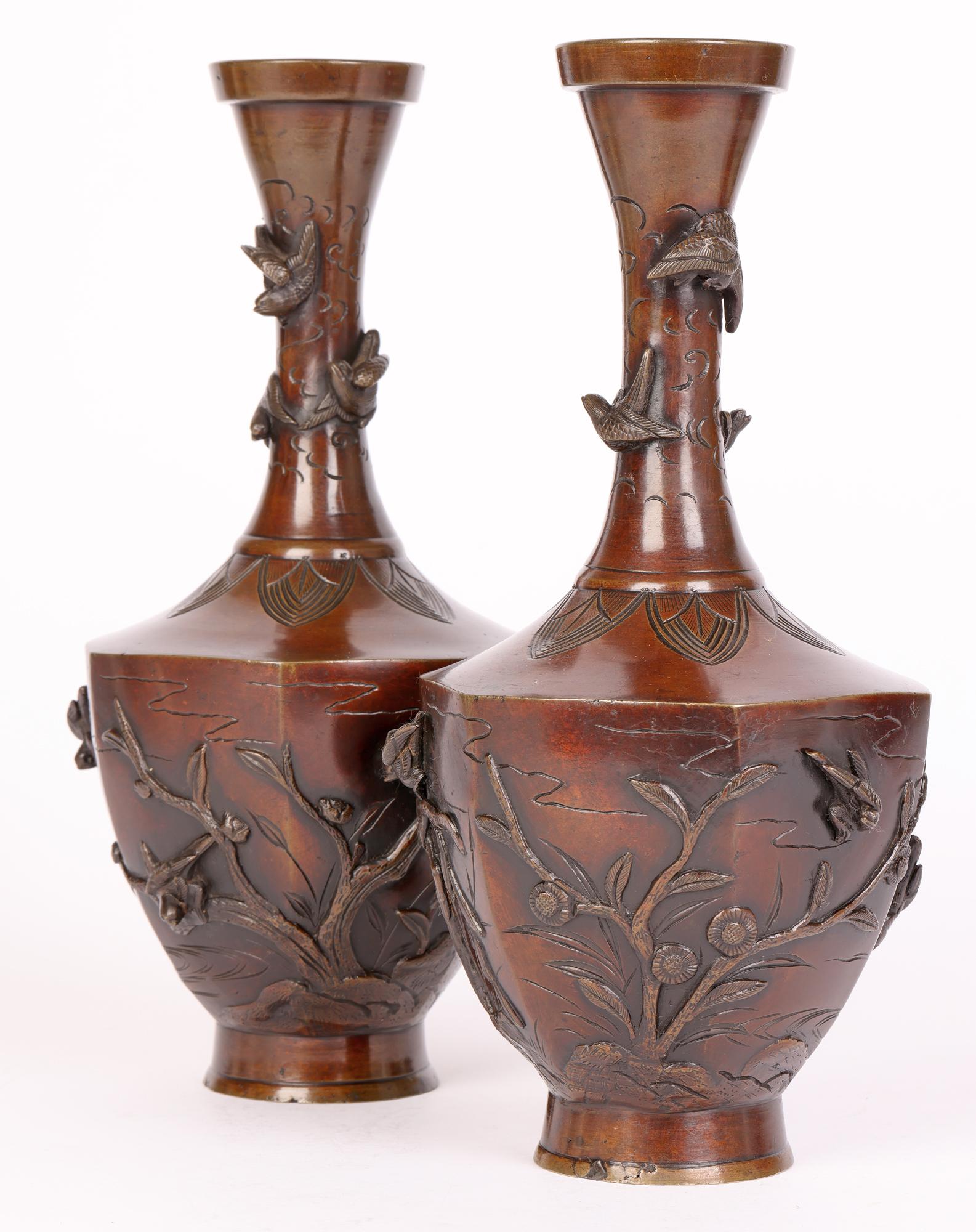 Oriental Pair Bronze Vases Applied with Birds For Sale 4