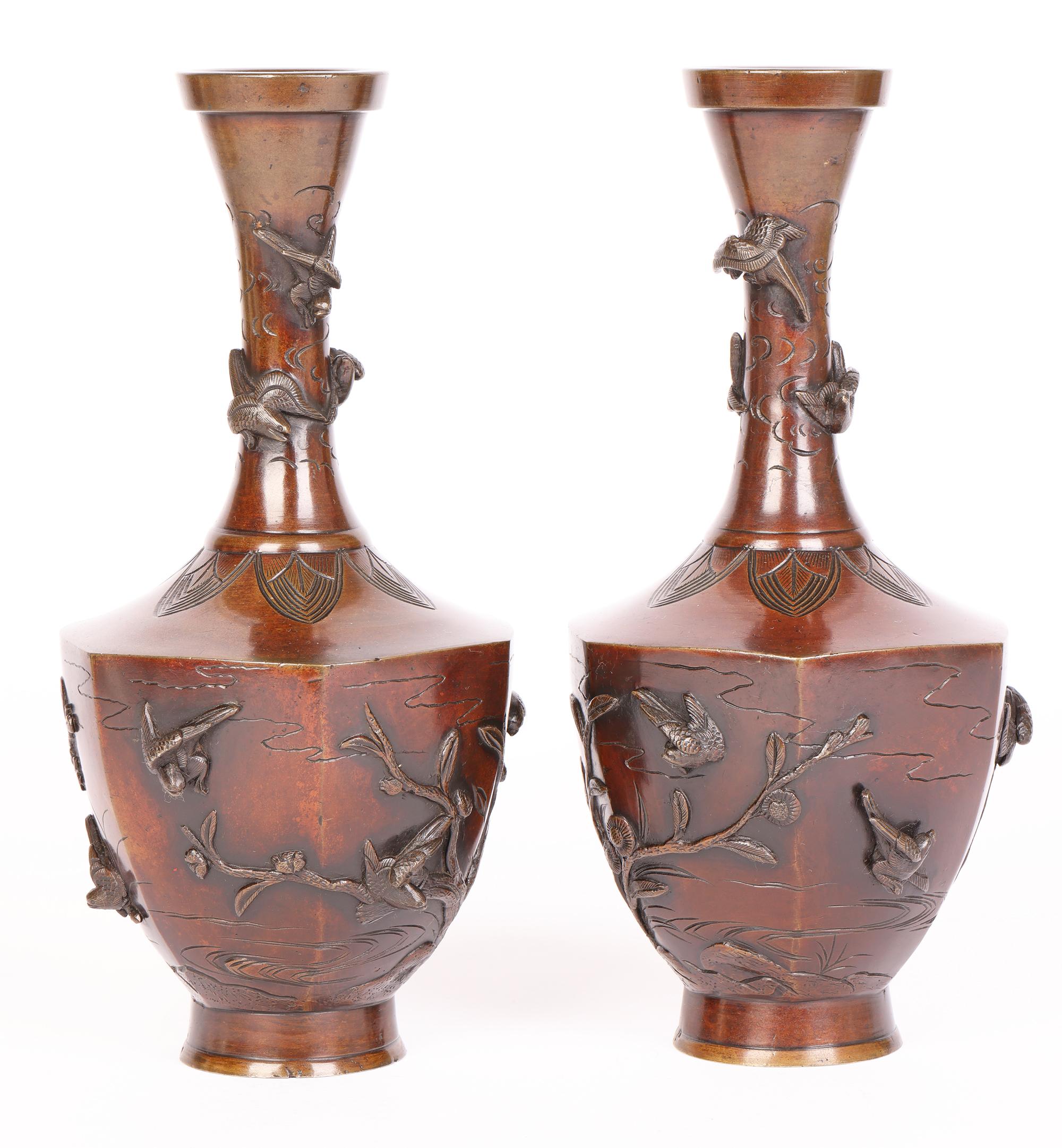 Oriental Pair Bronze Vases Applied with Birds For Sale 6