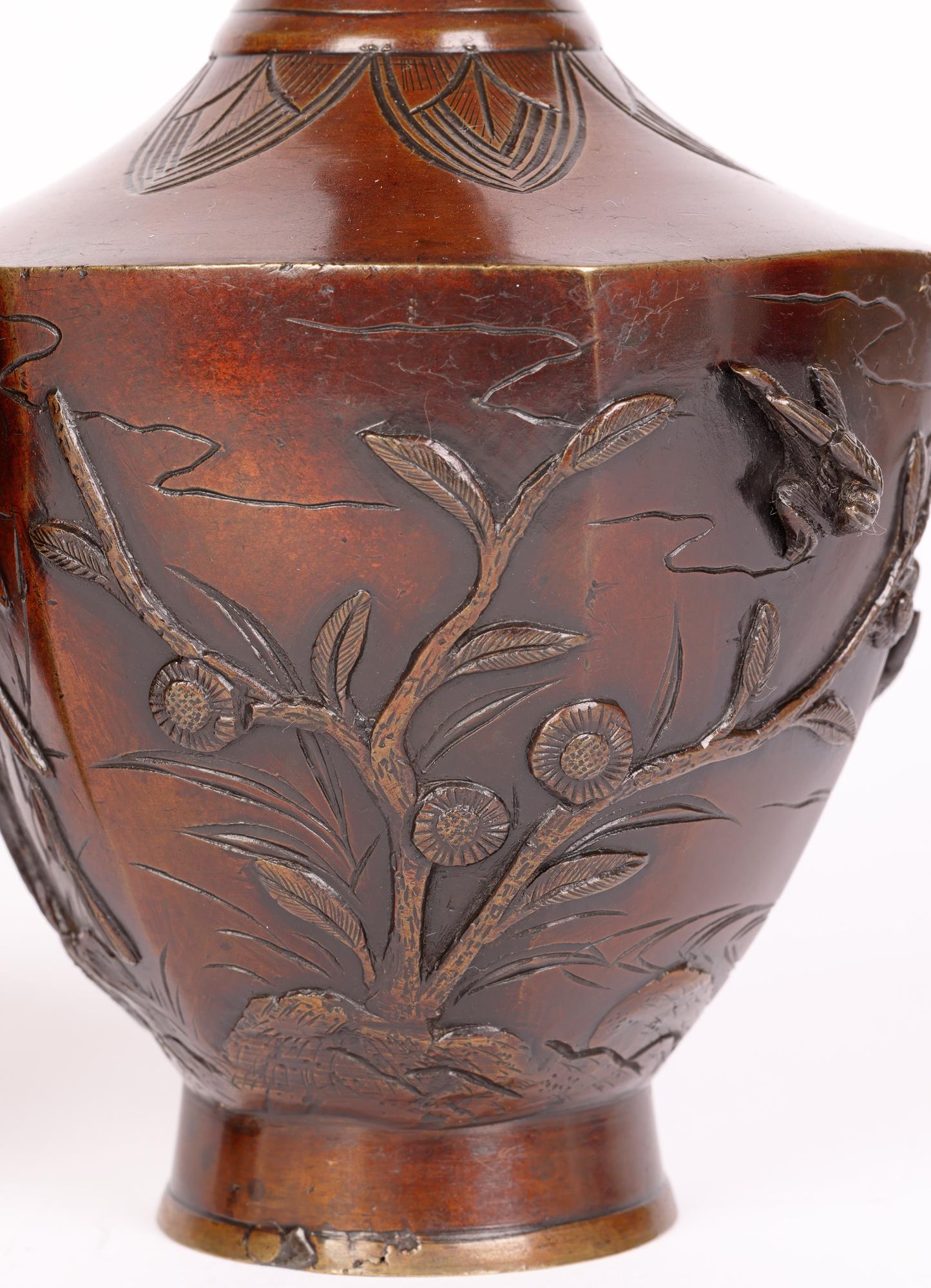 Oriental Pair Bronze Vases Applied with Birds For Sale 7