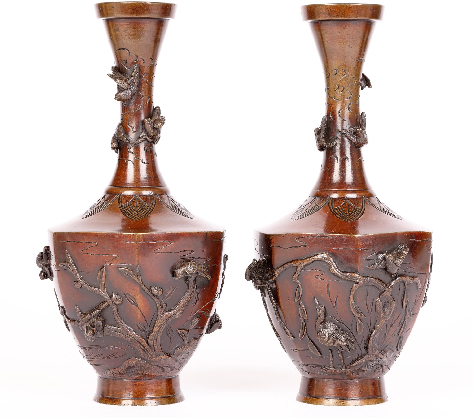 Oriental Pair Bronze Vases Applied with Birds For Sale 9