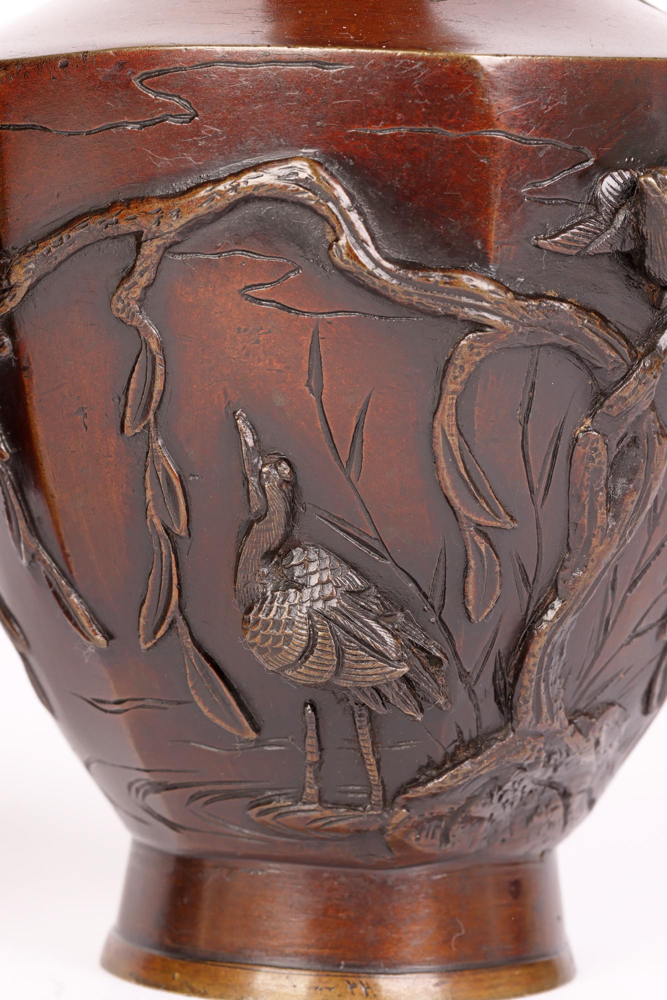 Oriental Pair Bronze Vases Applied with Birds For Sale 12