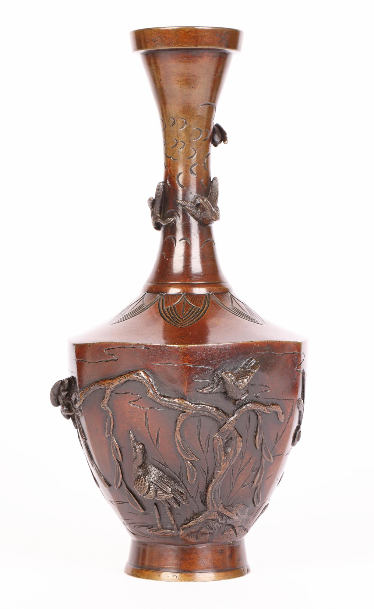 Qing Oriental Pair Bronze Vases Applied with Birds For Sale
