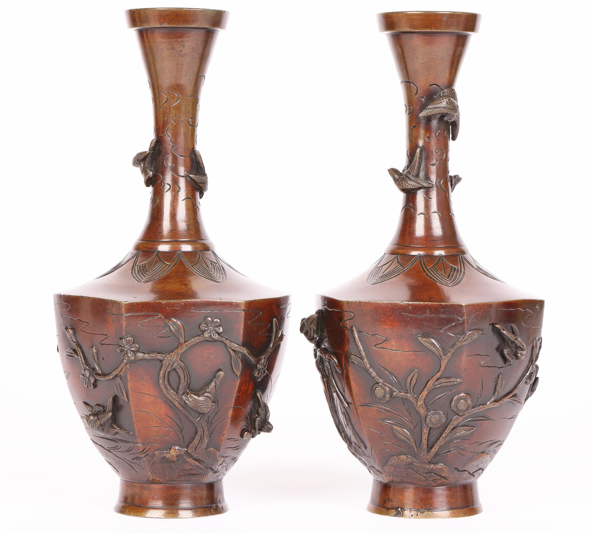 Oriental Pair Bronze Vases Applied with Birds In Good Condition For Sale In Bishop's Stortford, Hertfordshire