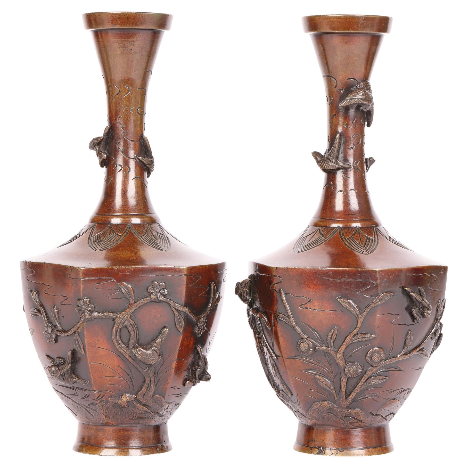 Oriental Pair Bronze Vases Applied with Birds For Sale