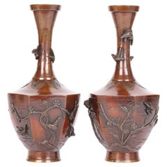 Antique Oriental Pair Bronze Vases Applied with Birds
