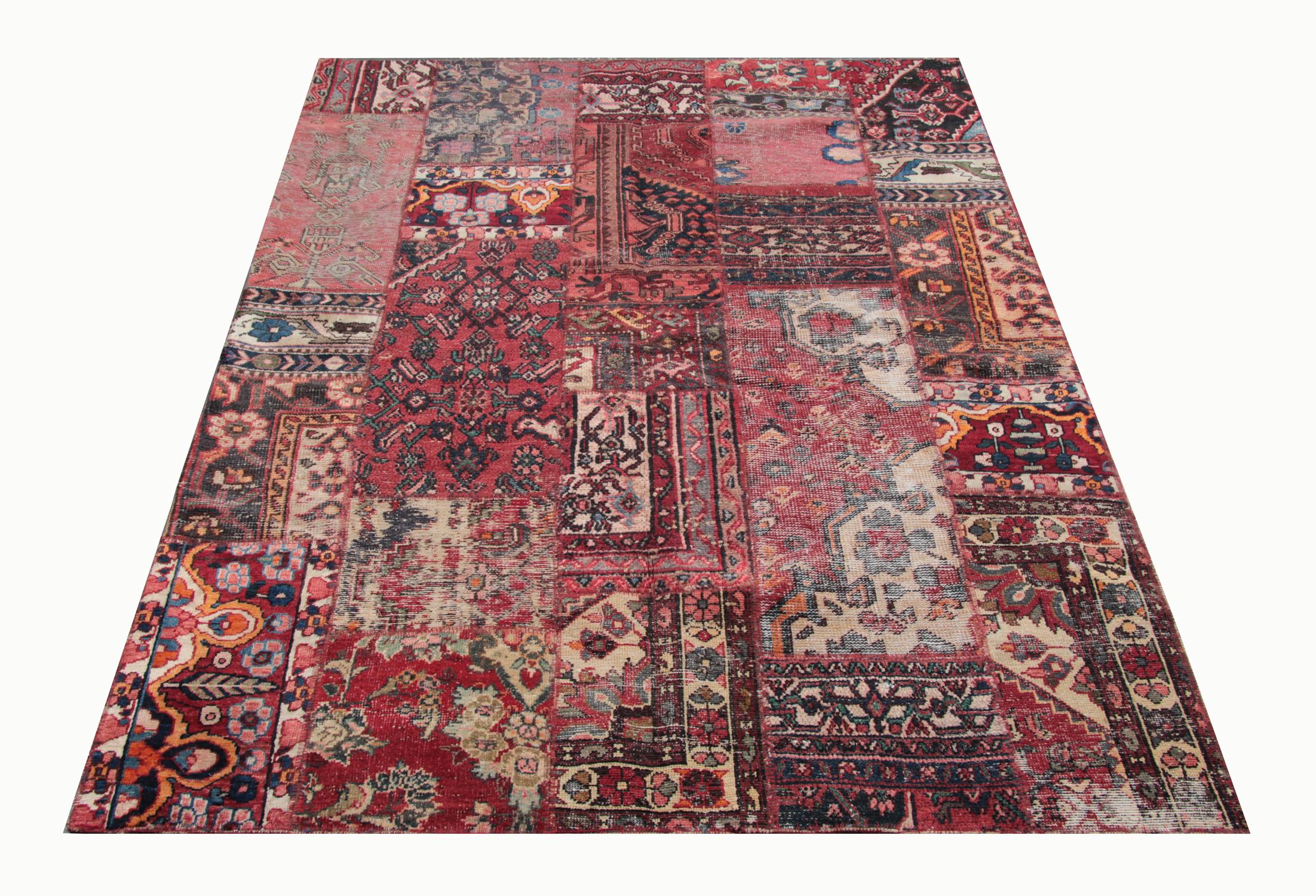 This handmade carpet oriental patterned rug is a combination of various hand-knotted colourful pieces woven together to create a patchwork rug. This luxury rug has been deliberately cut into small parts and then overdyed to create this fantastic