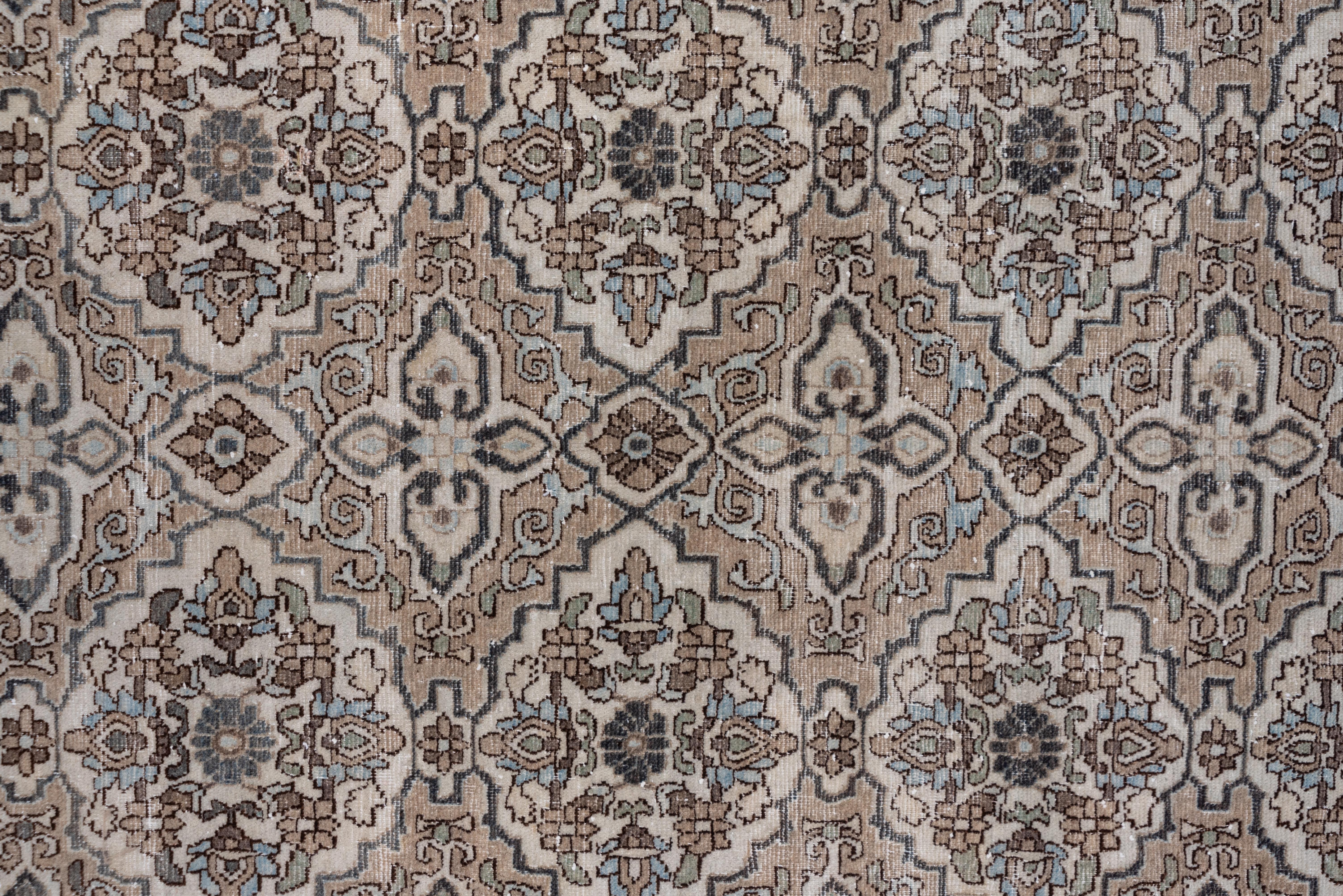 The buff field of this well-woven west Persian urban scatter displays two columns each of five ivory poled medallions with floral wreath interior decor. The field reserves have a cartouche-like shape. Powder blue, dark brown, rose and slate are