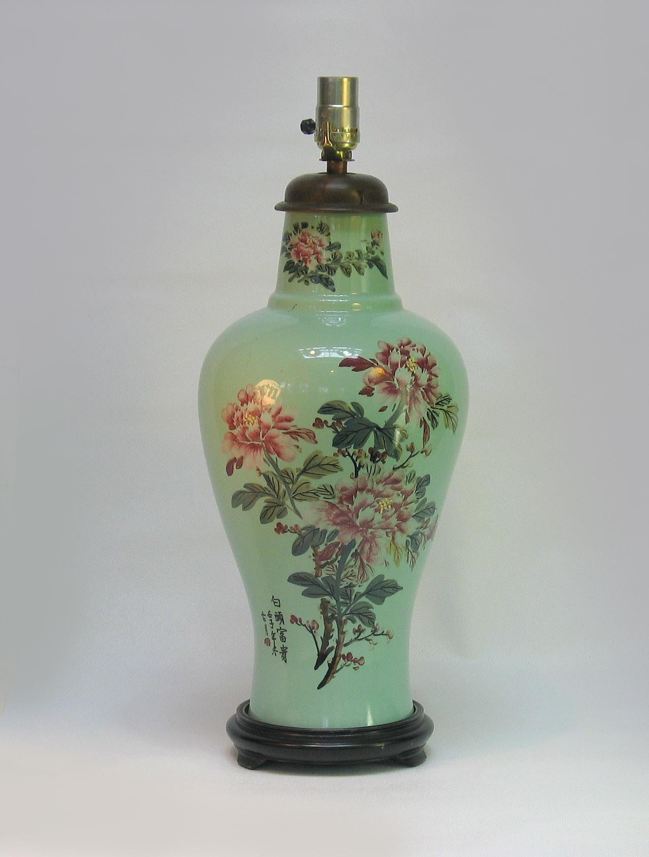 Oriental Porcelain Celadon Glazed Painted Vase Mounted as a Lamp 20th Century For Sale 3