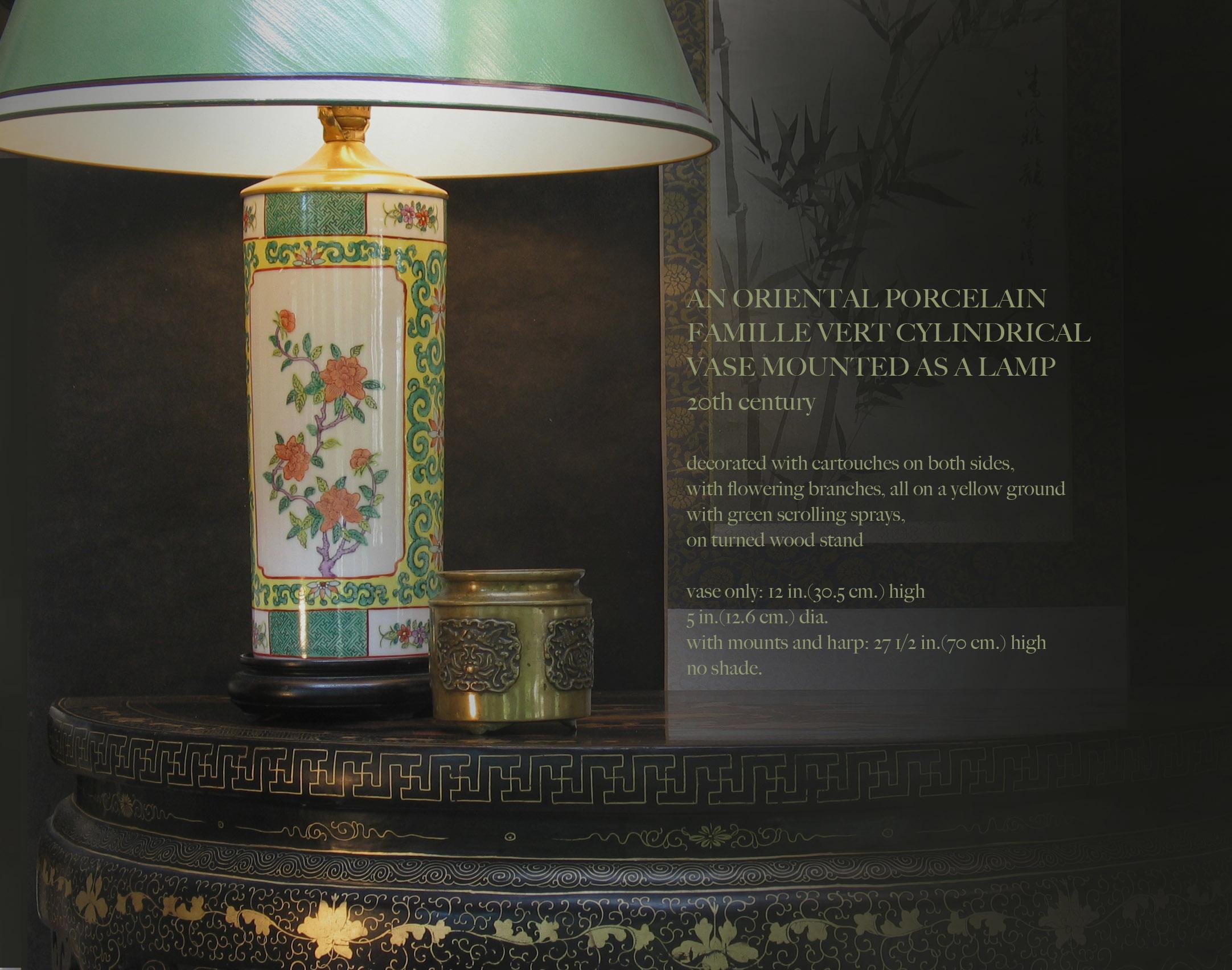 Oriental Porcelain Famille Vert Cylinder Vase Mounted as a Lamp, 20th Century For Sale 6