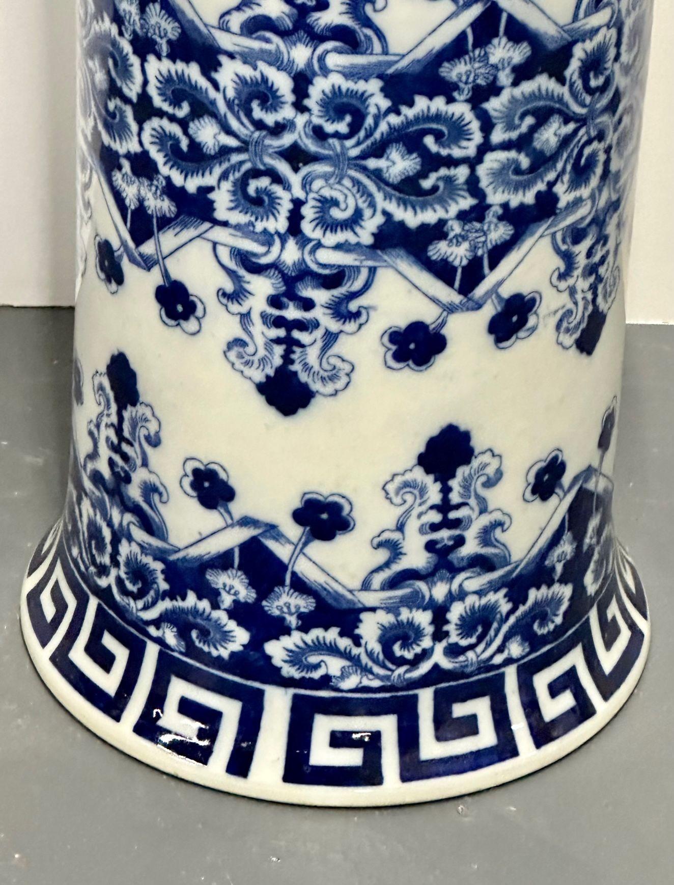 English Oriental Porcelain Flow Blue White Umbrella Stand, Large Vase, Floral Decorated For Sale