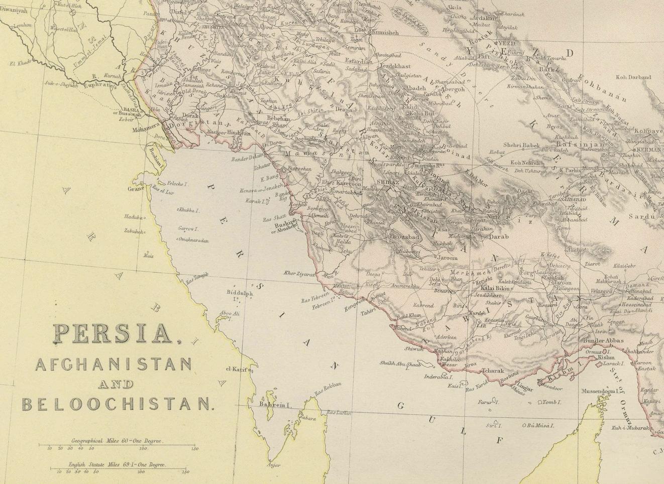 This historical map from the 1882 atlas published by Blackie & Son is a comprehensive depiction of Persia (modern-day Iran), Afghanistan, and Baluchistan (the region that includes parts of modern-day Pakistan, Iran, and Afghanistan). It offers an