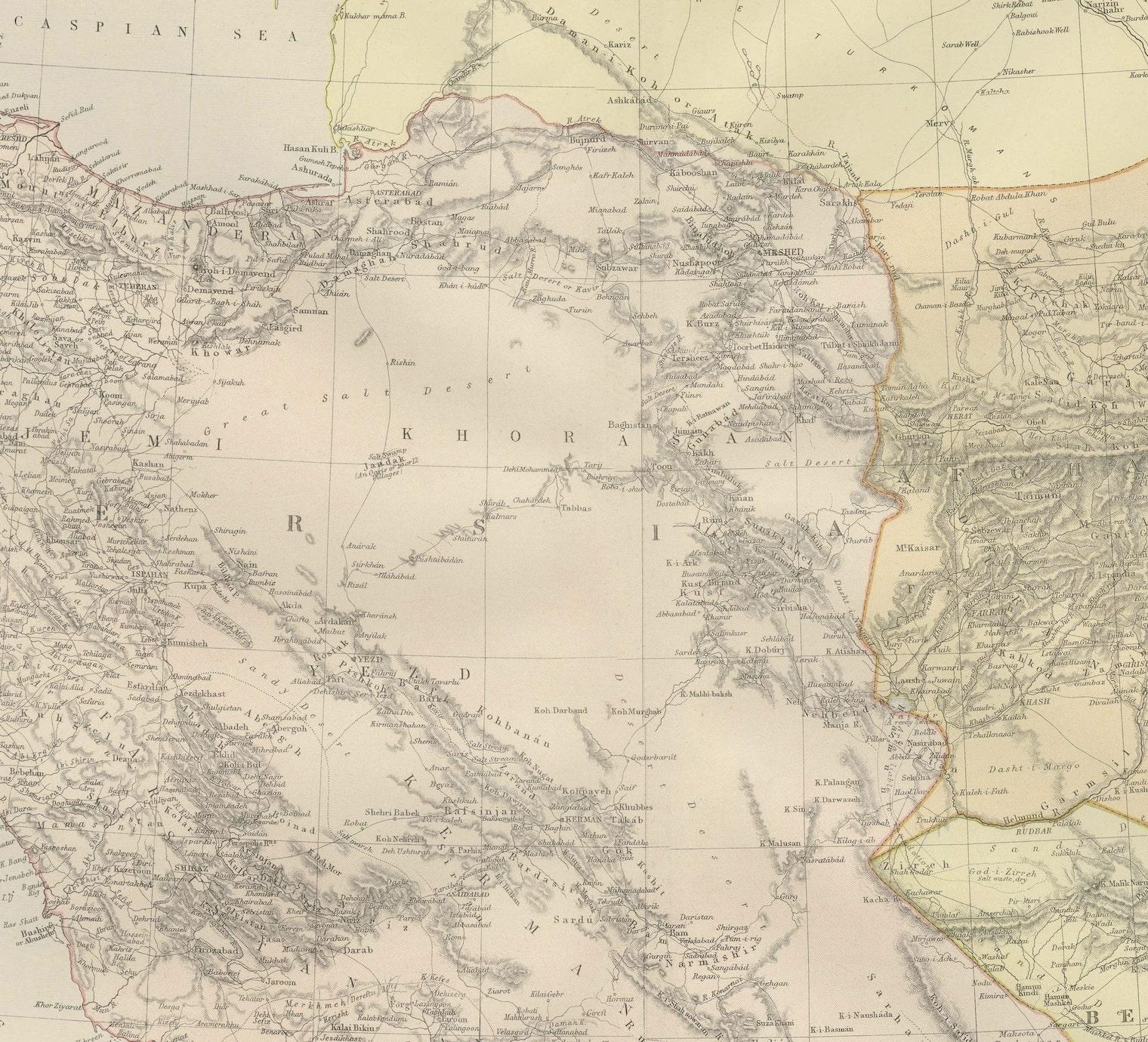 Late 19th Century Oriental Realms: A Detailed Map of Persia, Afghanistan, and Beloochistan, 1882 For Sale