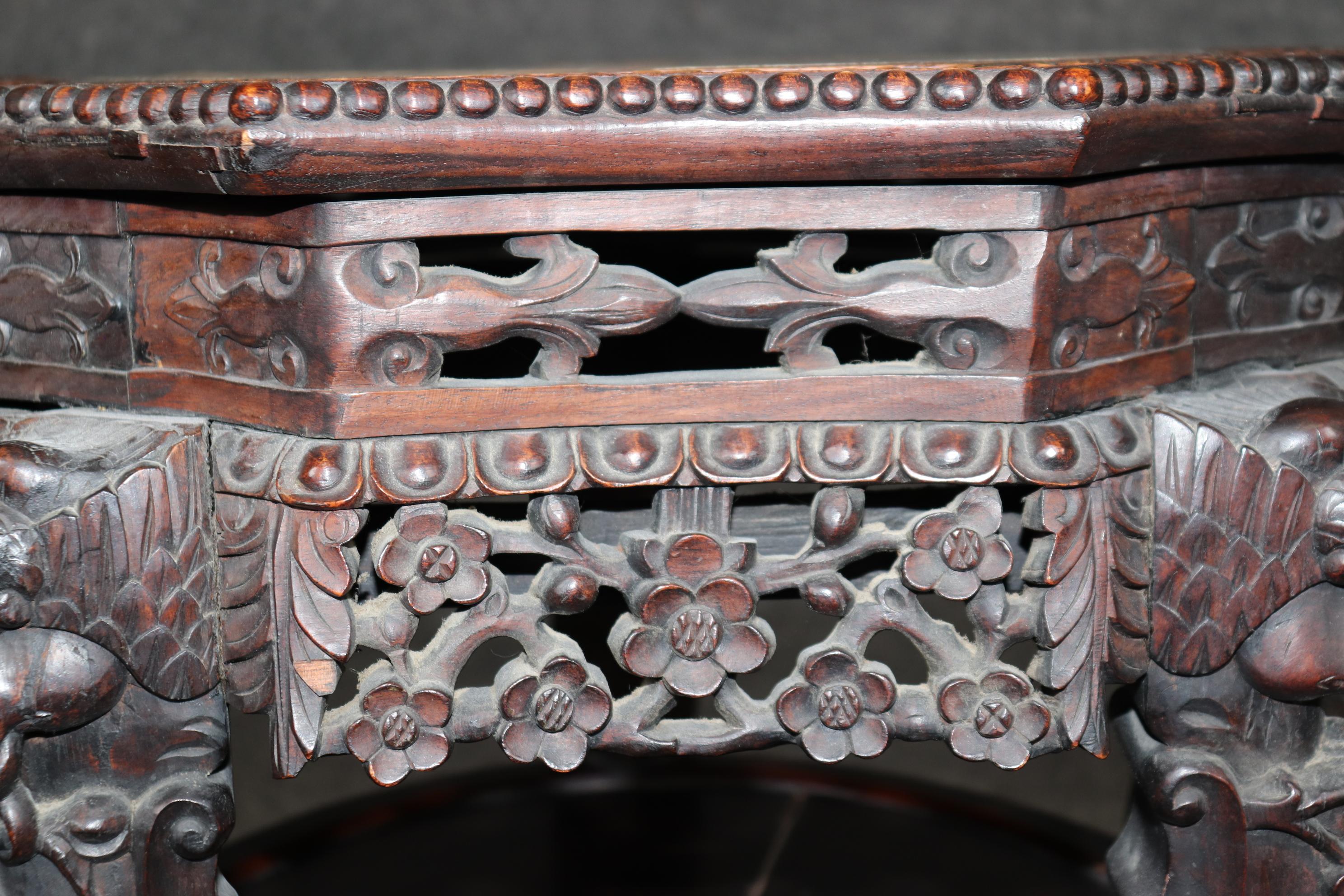 Oriental Rosewood Marble Top Carved Mahogany Pedestal Accent Table 4