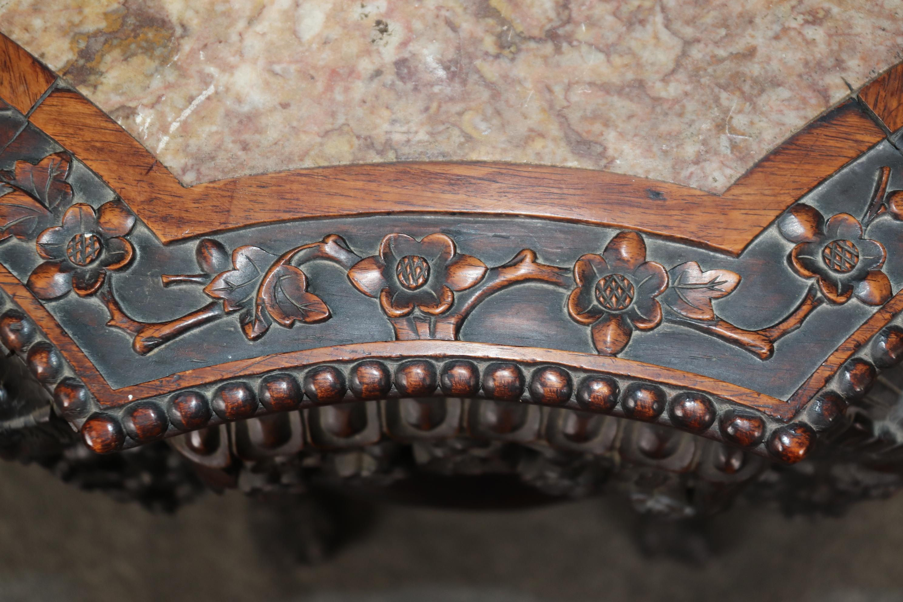 Oriental Rosewood Marble Top Carved Mahogany Pedestal Accent Table 5