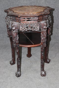 Oriental Rosewood Marble Top Carved Mahogany Pedestal Accent Table