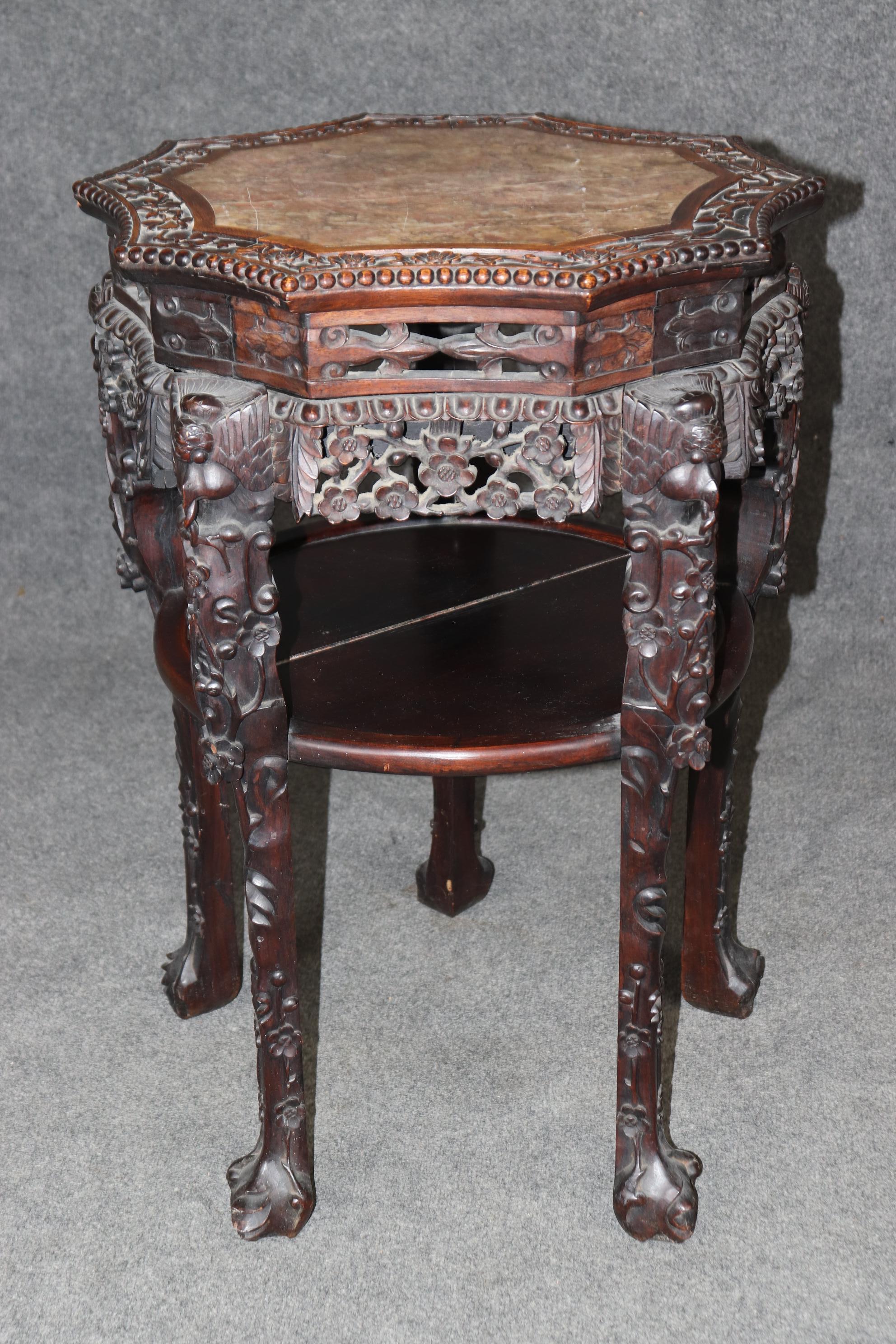 Chinese Export Oriental Rosewood Marble Top Carved Mahogany Pedestal Accent Table