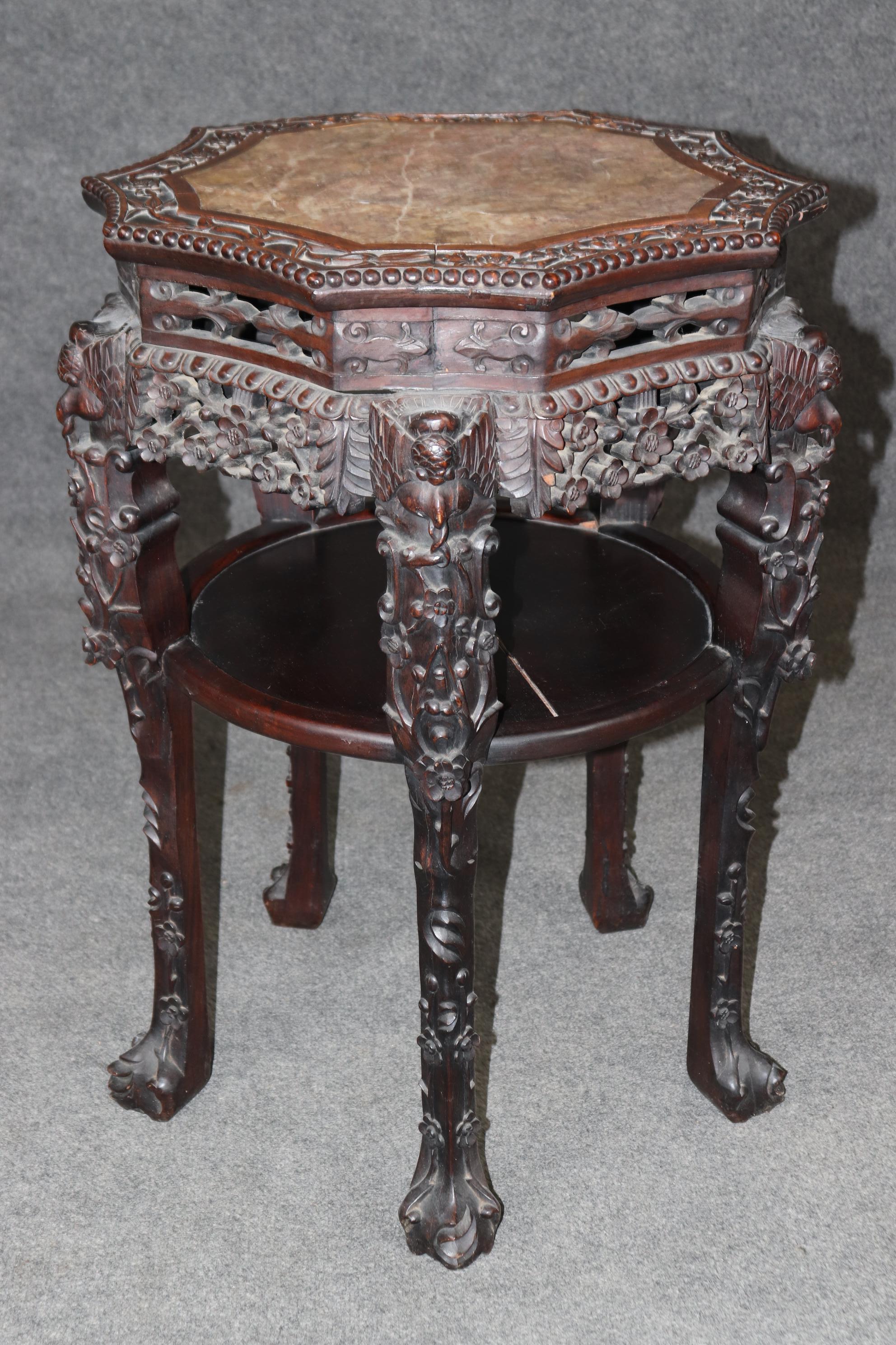 Chinese Oriental Rosewood Marble Top Carved Mahogany Pedestal Accent Table