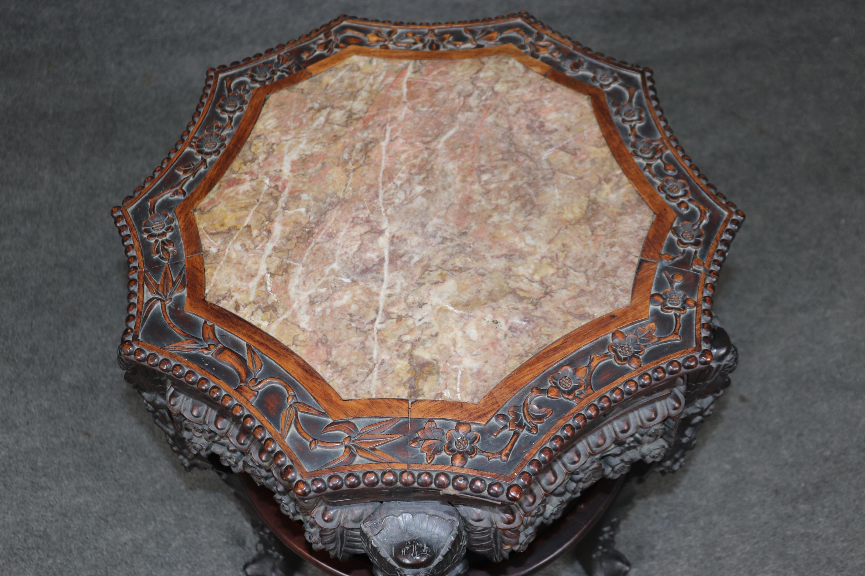 Oriental Rosewood Marble Top Carved Mahogany Pedestal Accent Table In Good Condition In Swedesboro, NJ