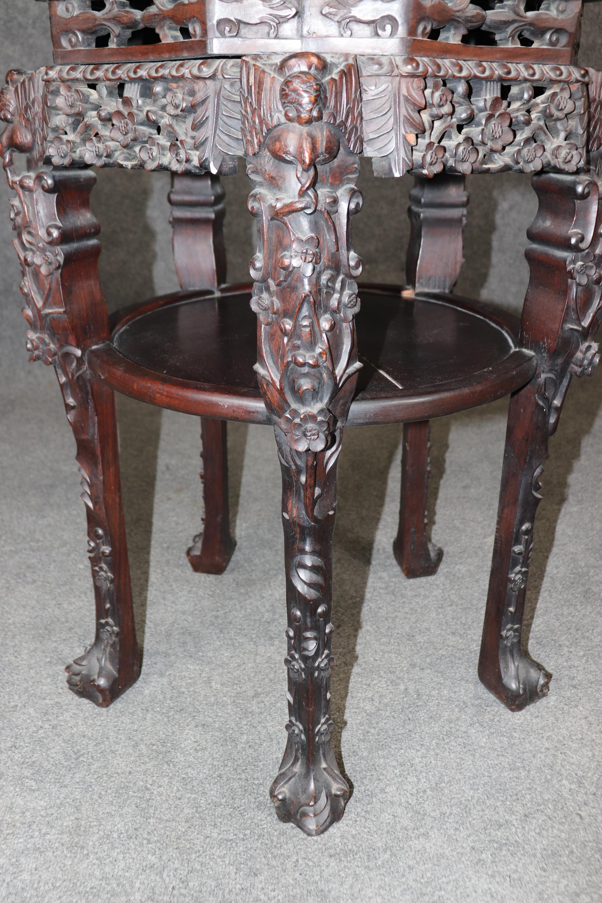 Late 19th Century Oriental Rosewood Marble Top Carved Mahogany Pedestal Accent Table