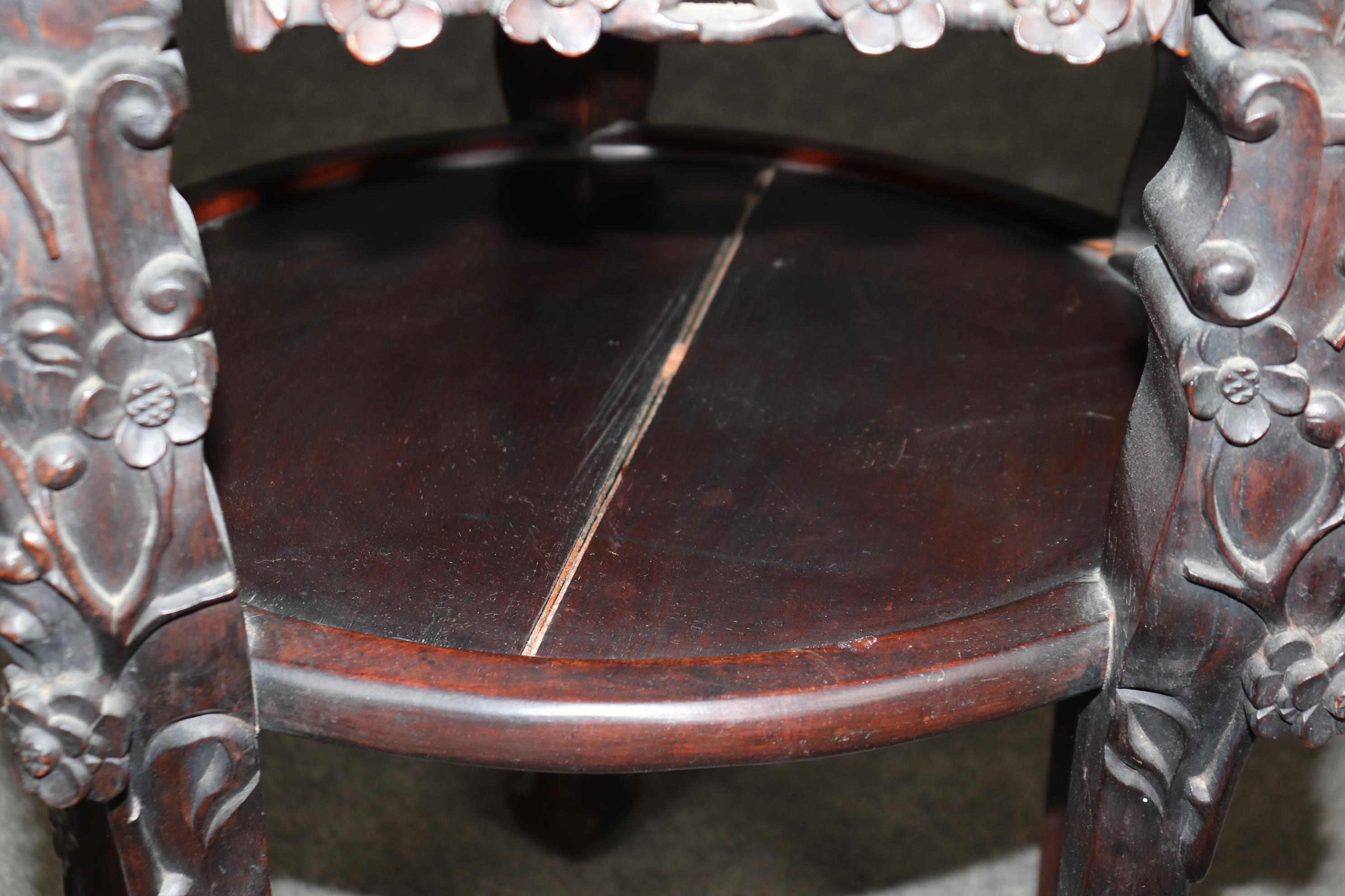 Oriental Rosewood Marble Top Carved Mahogany Pedestal Accent Table 2