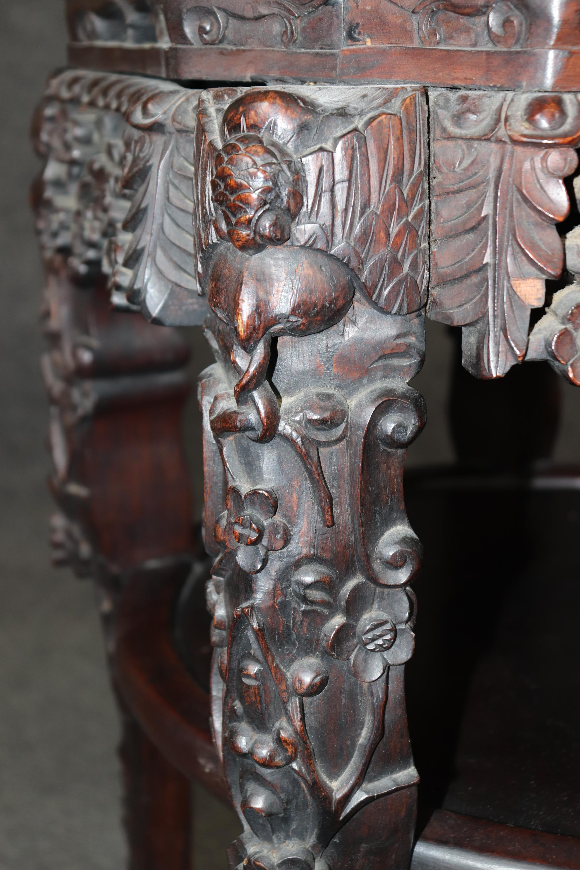 Oriental Rosewood Marble Top Carved Mahogany Pedestal Accent Table 3