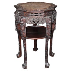Oriental Rosewood Marble Top Carved Mahogany Pedestal Accent Table