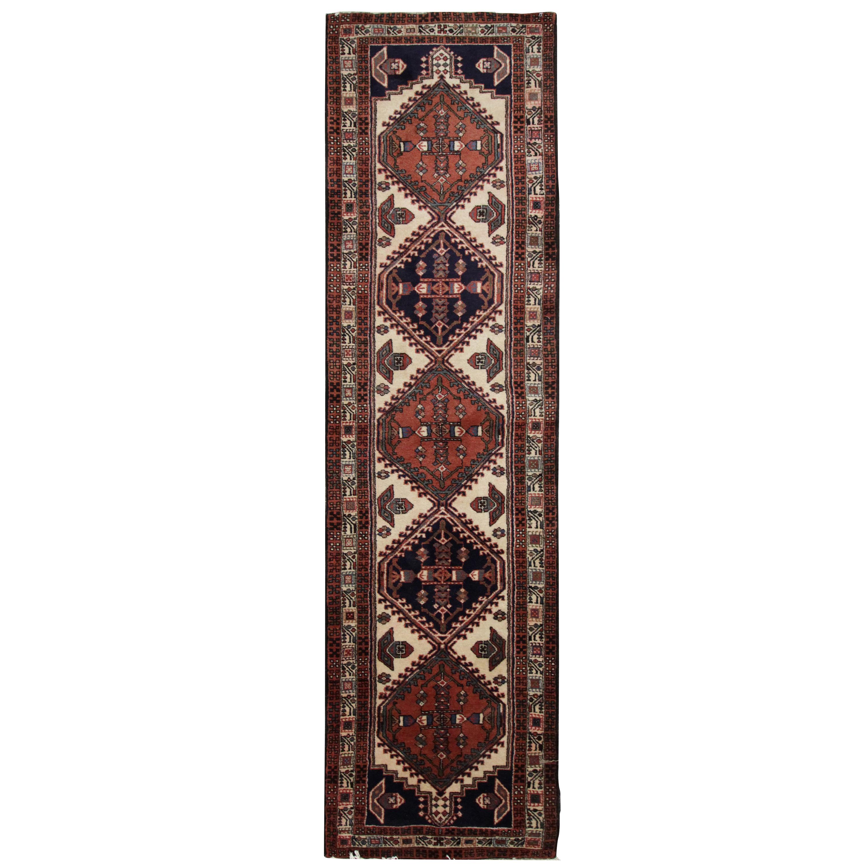 Oriental Rug, Handmade Carpet Vintage Runner, Brown Wool Hallway Rug
