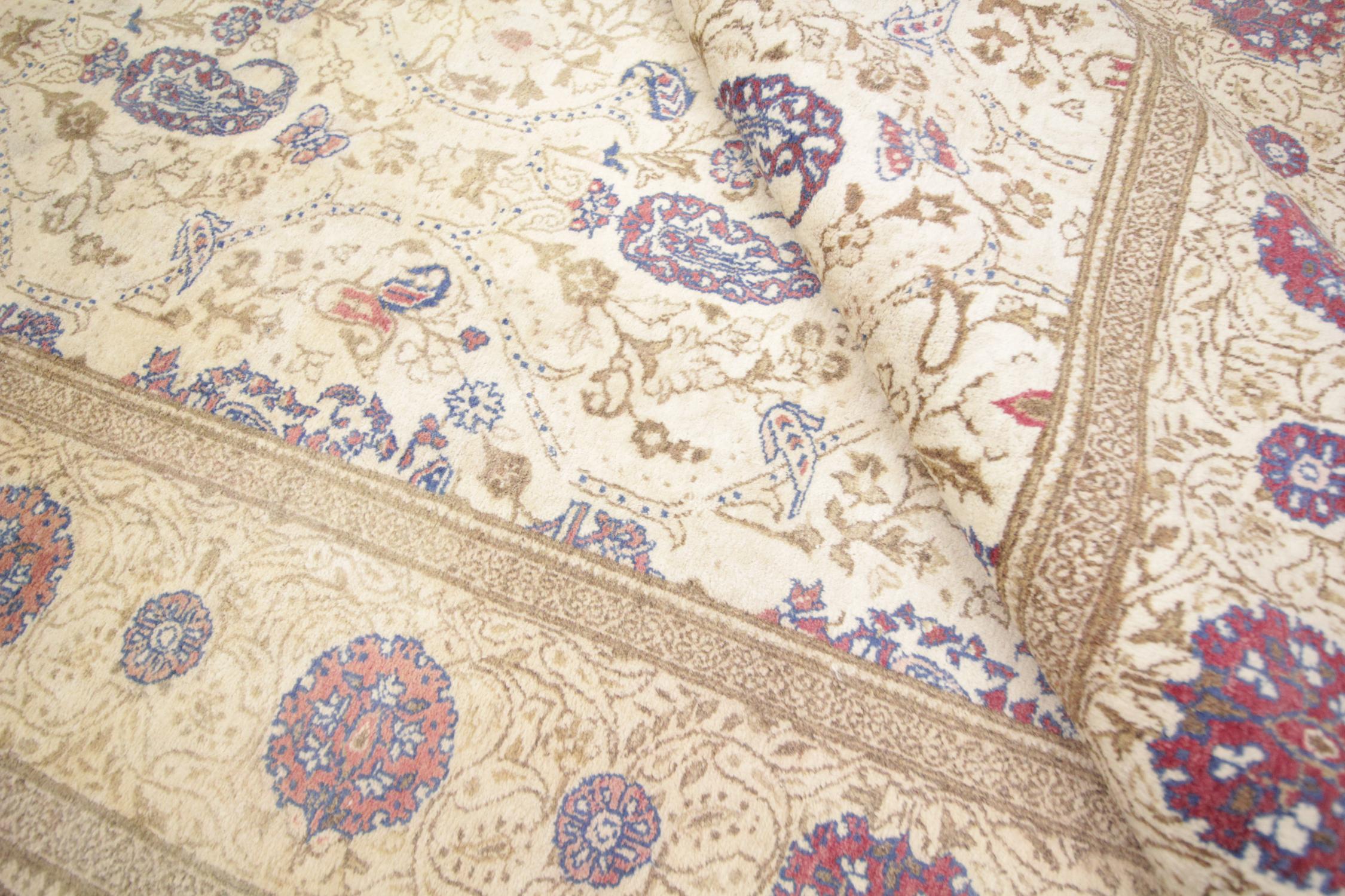 Cotton Oriental Rug Handmade Carpet Vintage Turkish Rug, Cream Wool Living Room Rug For Sale