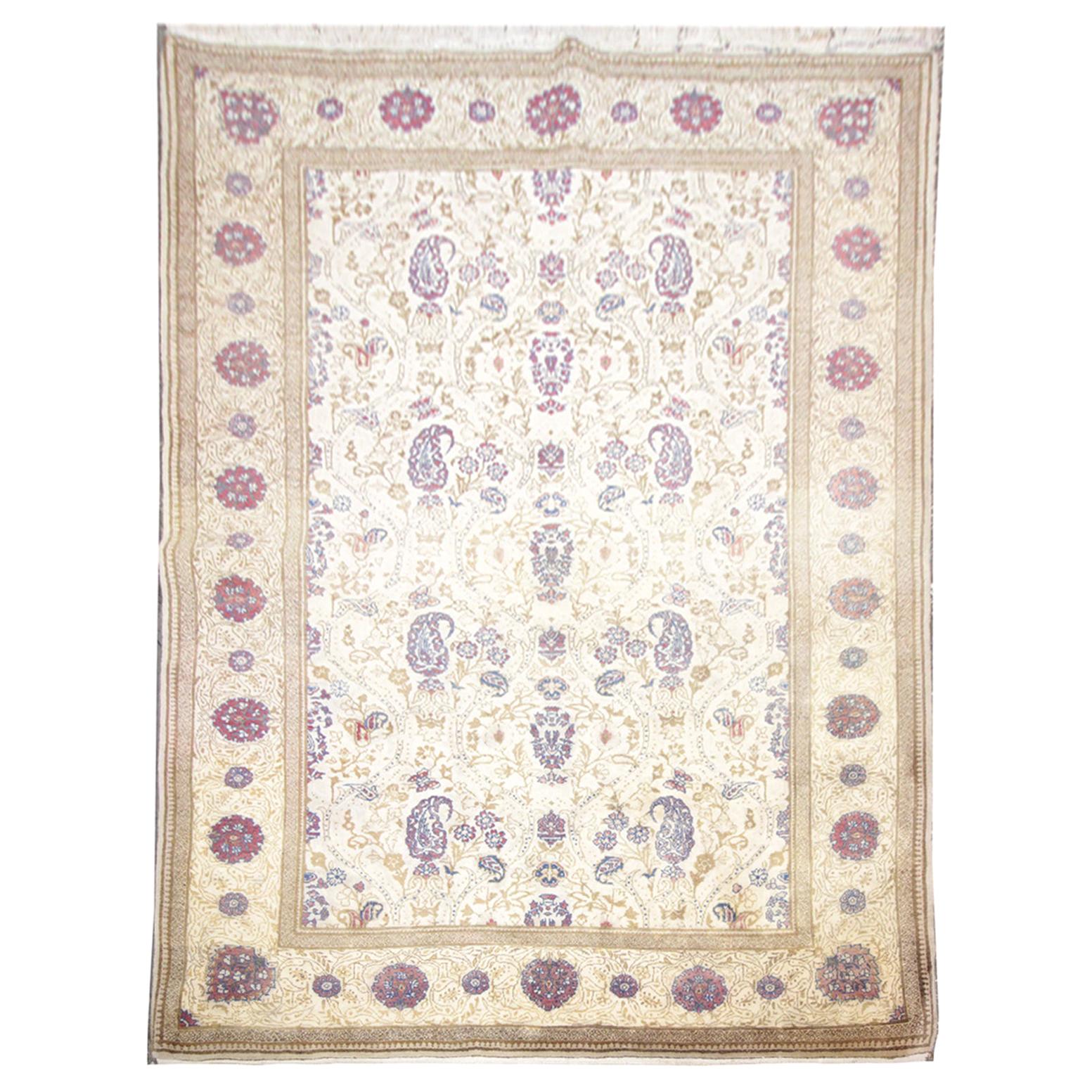 Oriental Rug Handmade Carpet Vintage Turkish Rug, Cream Wool Living Room Rug For Sale