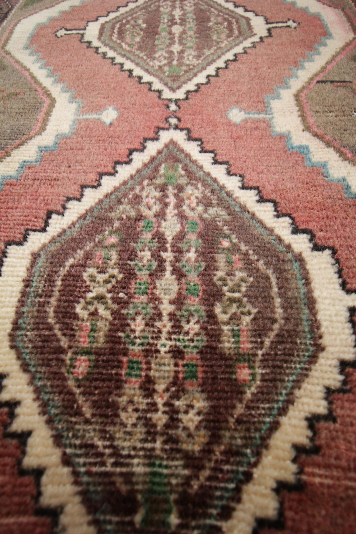 Tribal Oriental Rug Vintage Handmade Carpet Runner, Handwoven Brown Wool Runner